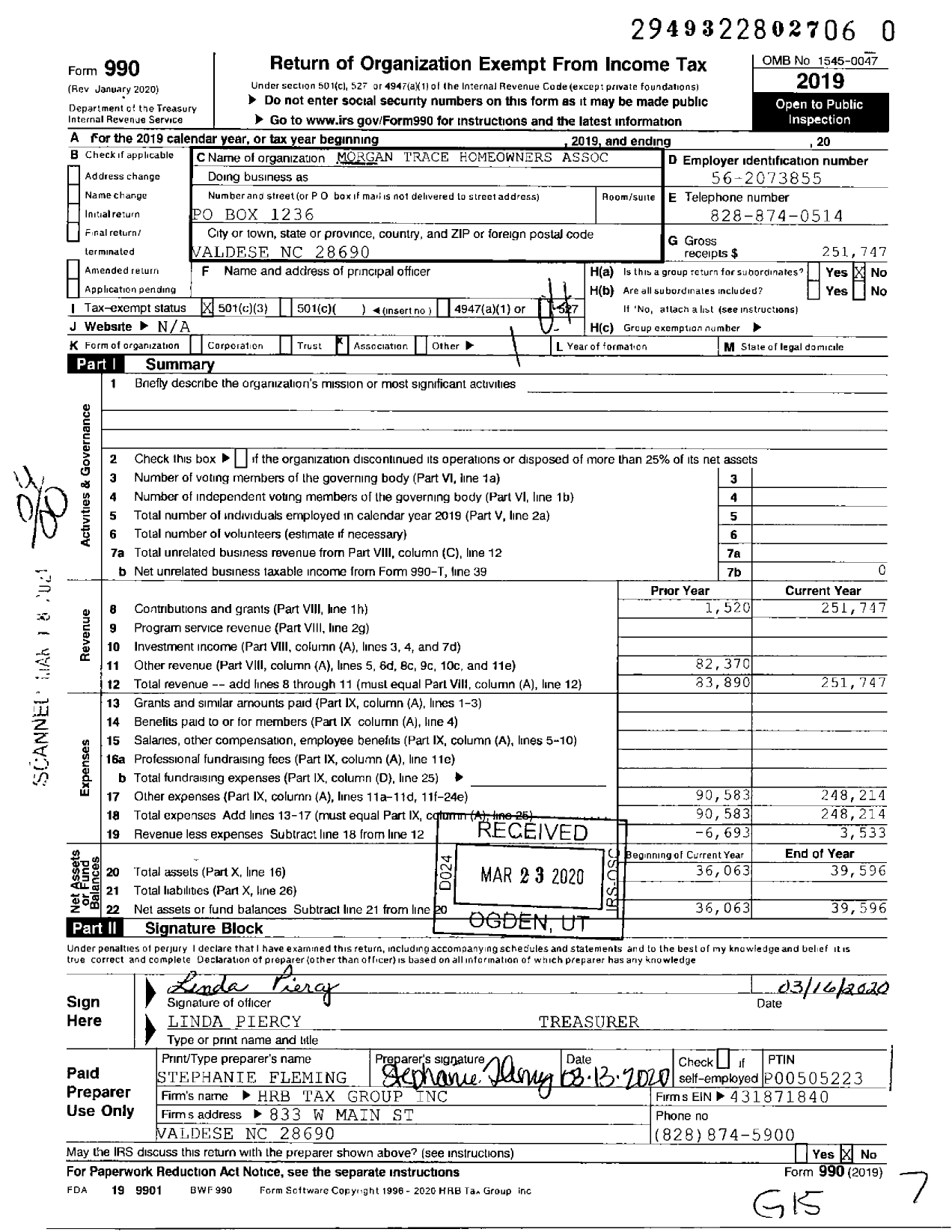 Image of first page of 2019 Form 990O for Morgan Trace Homeowners Association