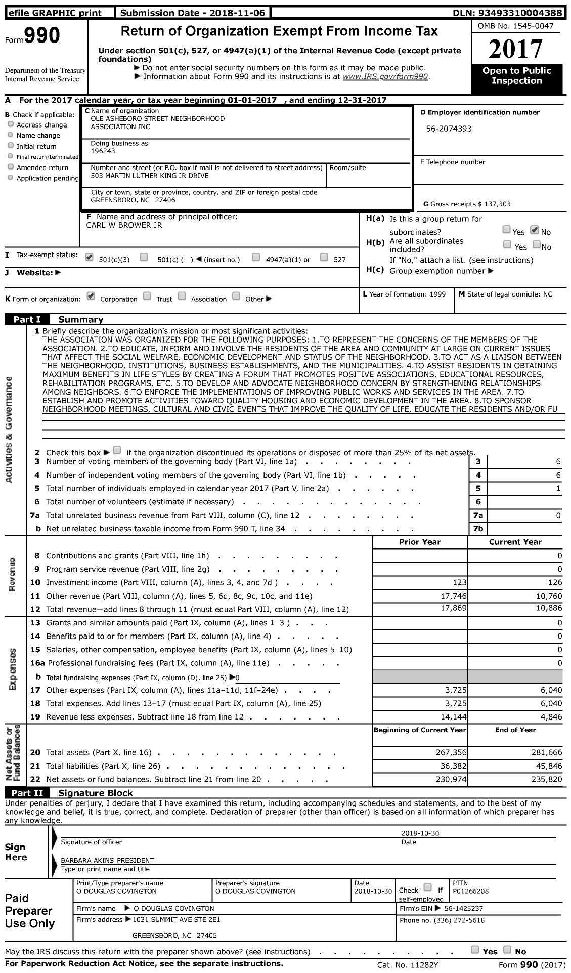 Image of first page of 2017 Form 990 for Ole Asheboro Street Neighborhood Association