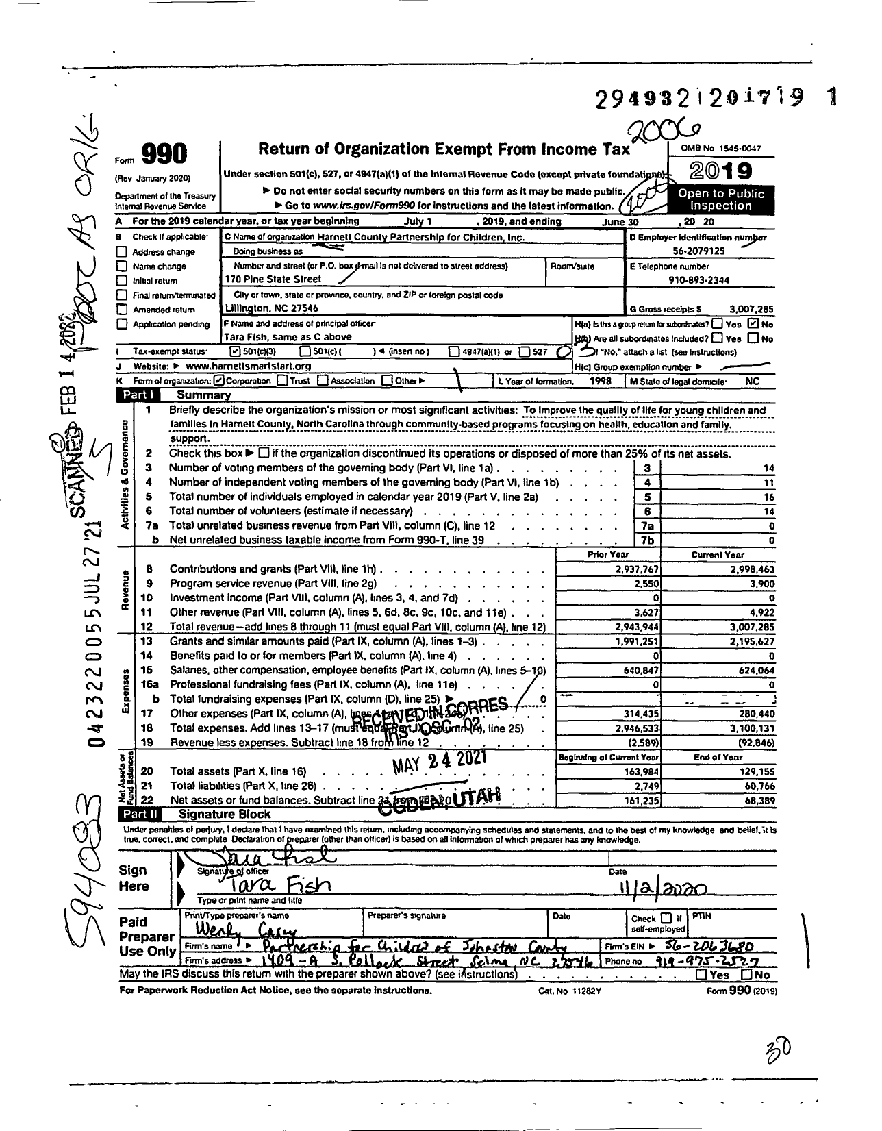 Image of first page of 2019 Form 990 for Harnett County Partnership for Children