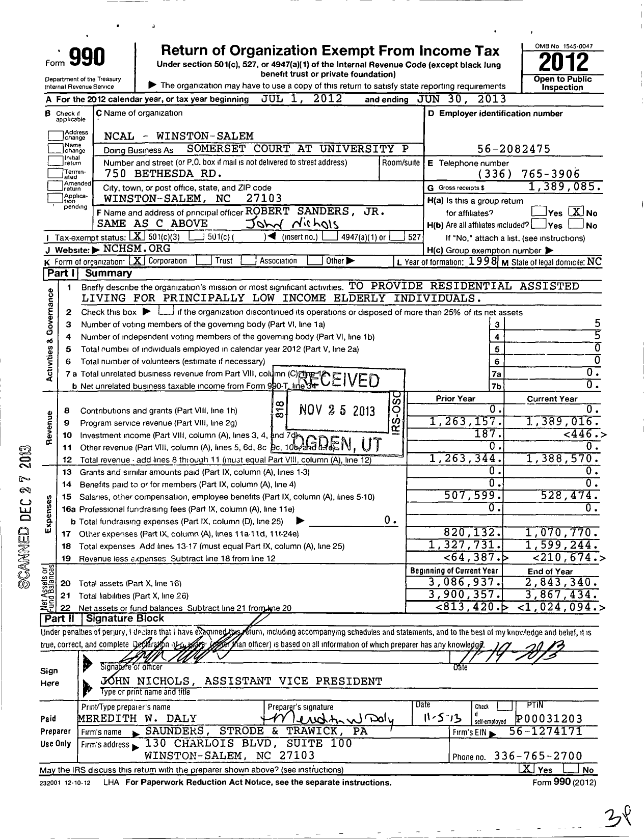 Image of first page of 2012 Form 990 for Ncal - Winston Salem