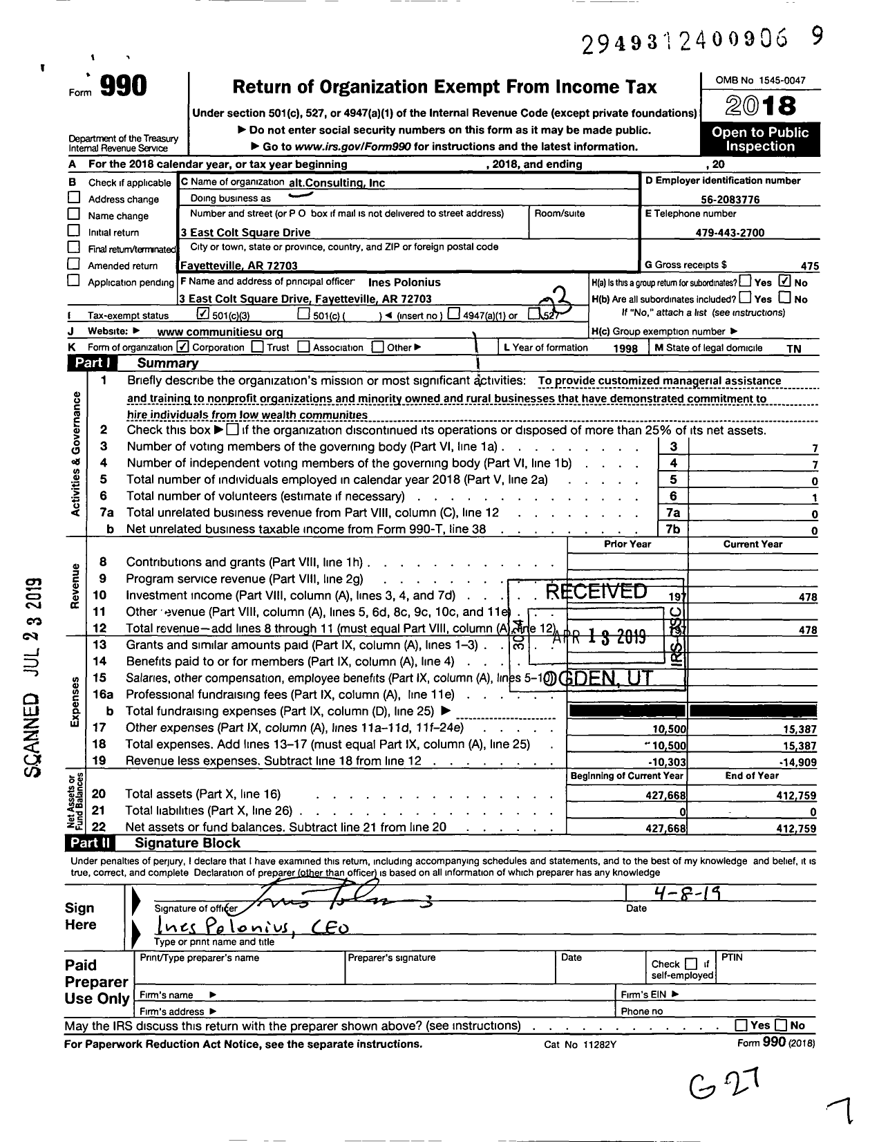 Image of first page of 2018 Form 990 for Altconsulting