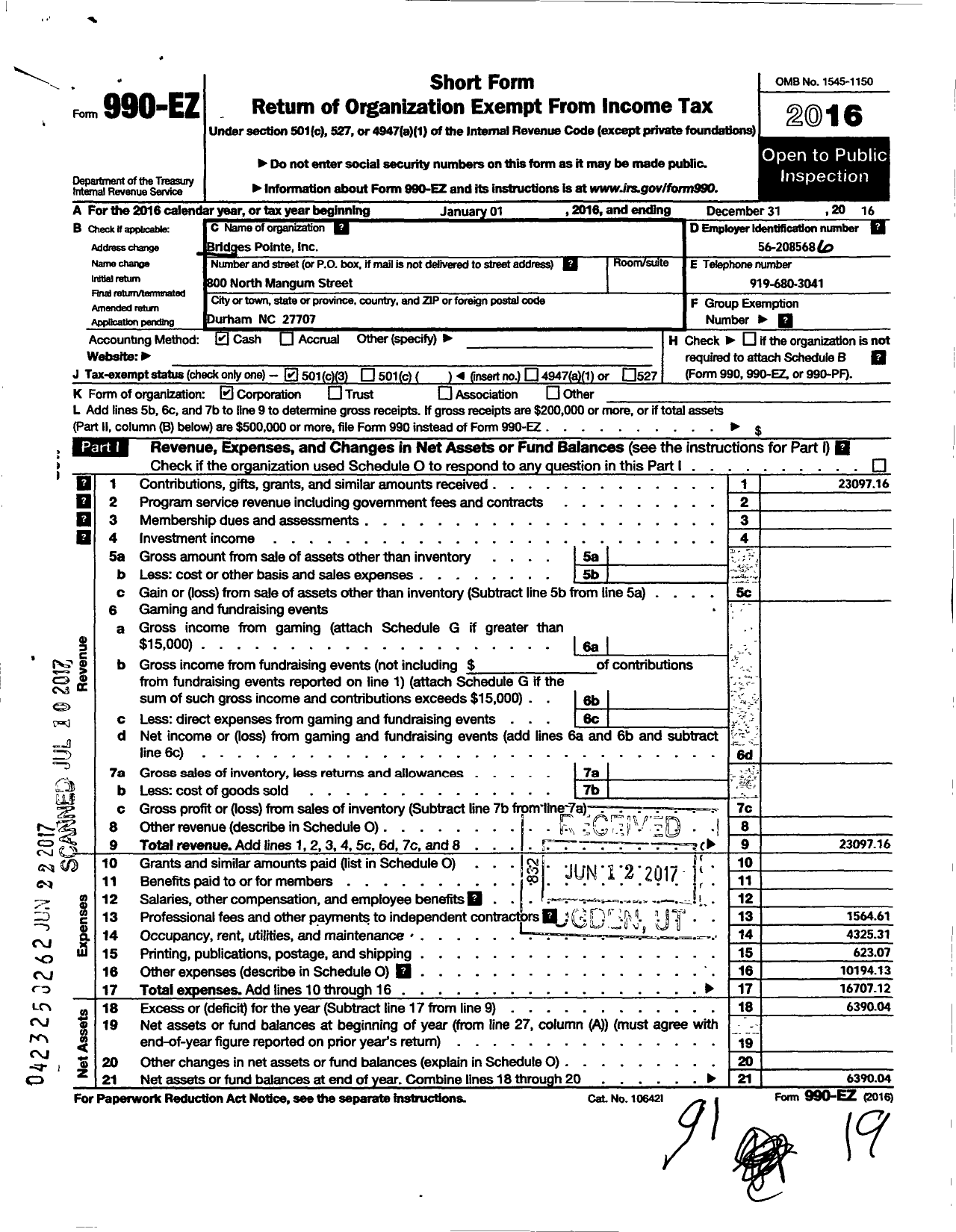 Image of first page of 2016 Form 990EZ for Bridges Pointe