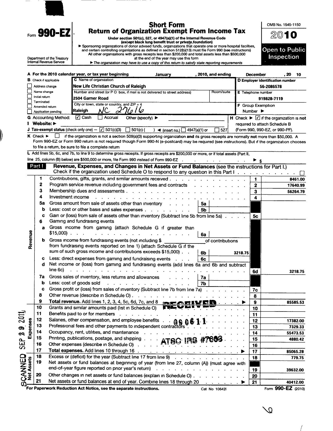 Image of first page of 2010 Form 990EZ for New Life Christian Church of Raleigh