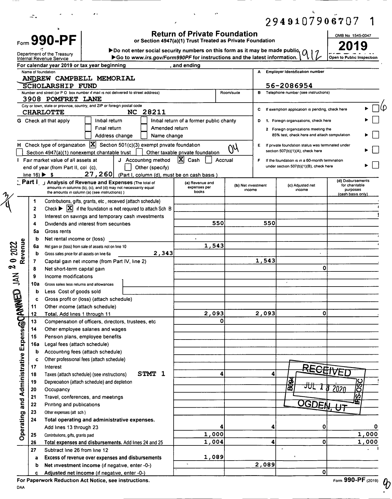 Image of first page of 2019 Form 990PF for Andrew Campbell Memorial Scholarship Fund