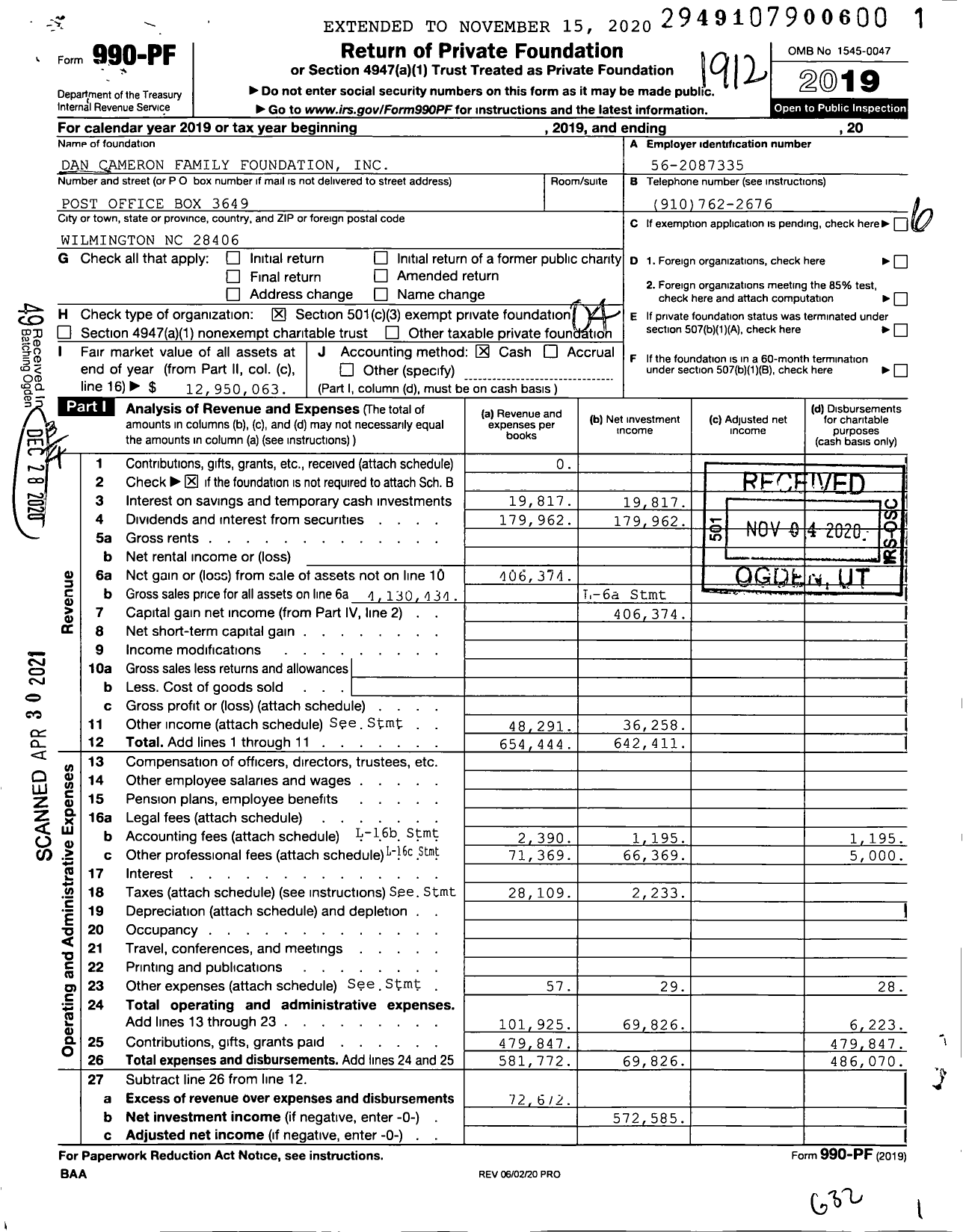 Image of first page of 2019 Form 990PF for Dan Cameron Family Foundation