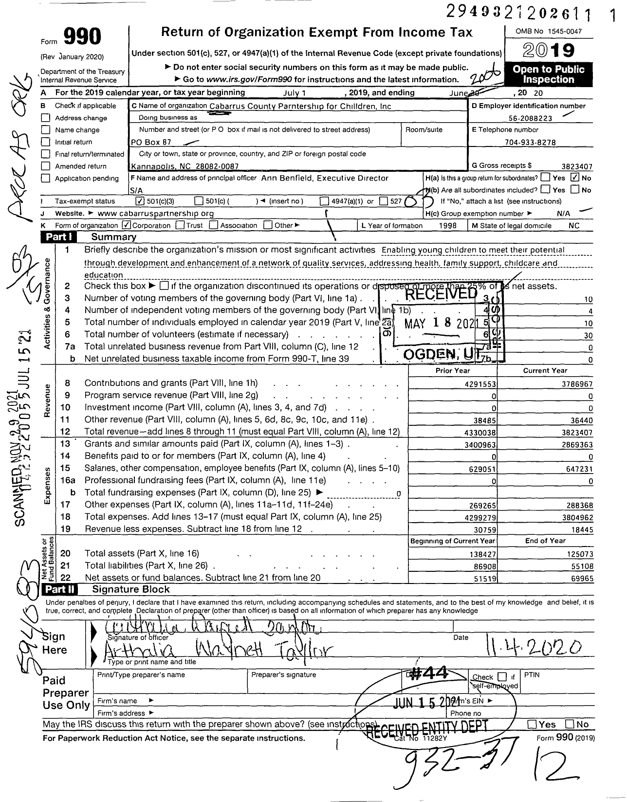 Image of first page of 2019 Form 990 for Cabarrus County Partnership for Children Children