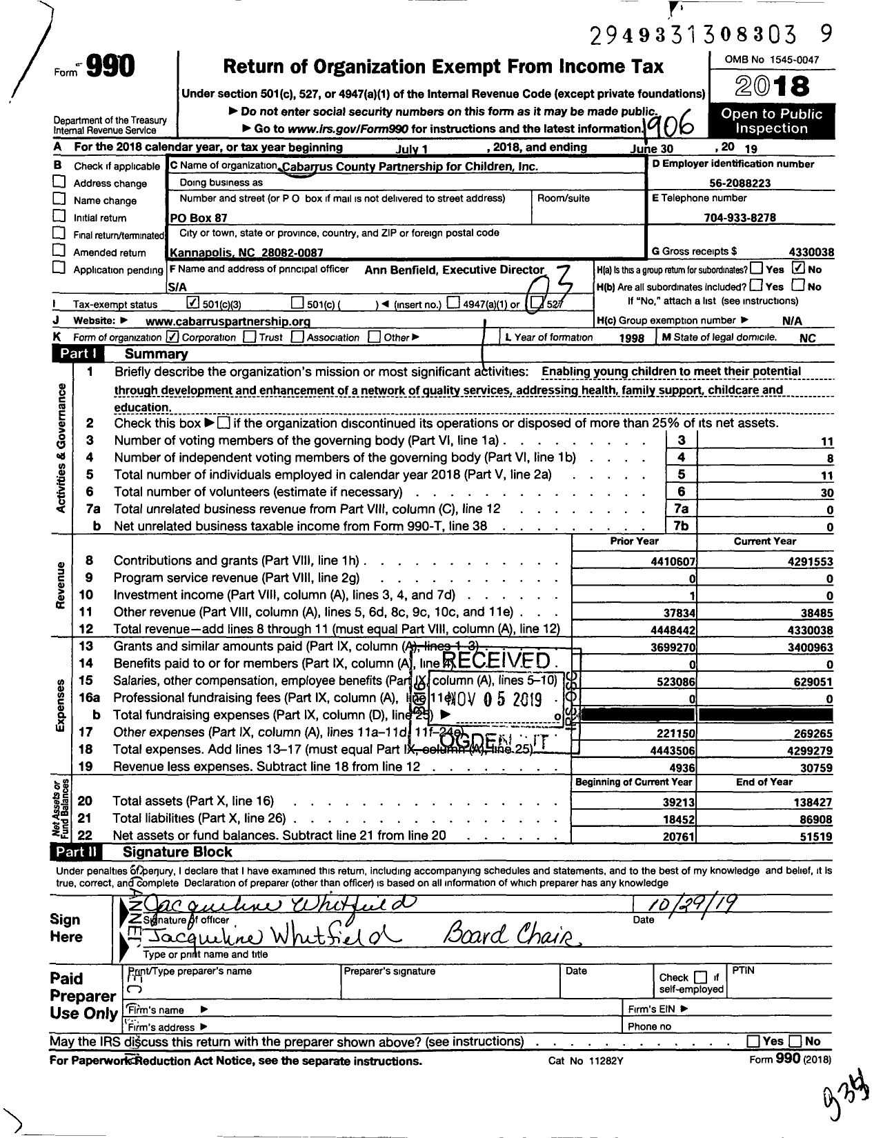 Image of first page of 2018 Form 990 for Cabarrus County Partnership for Children Children