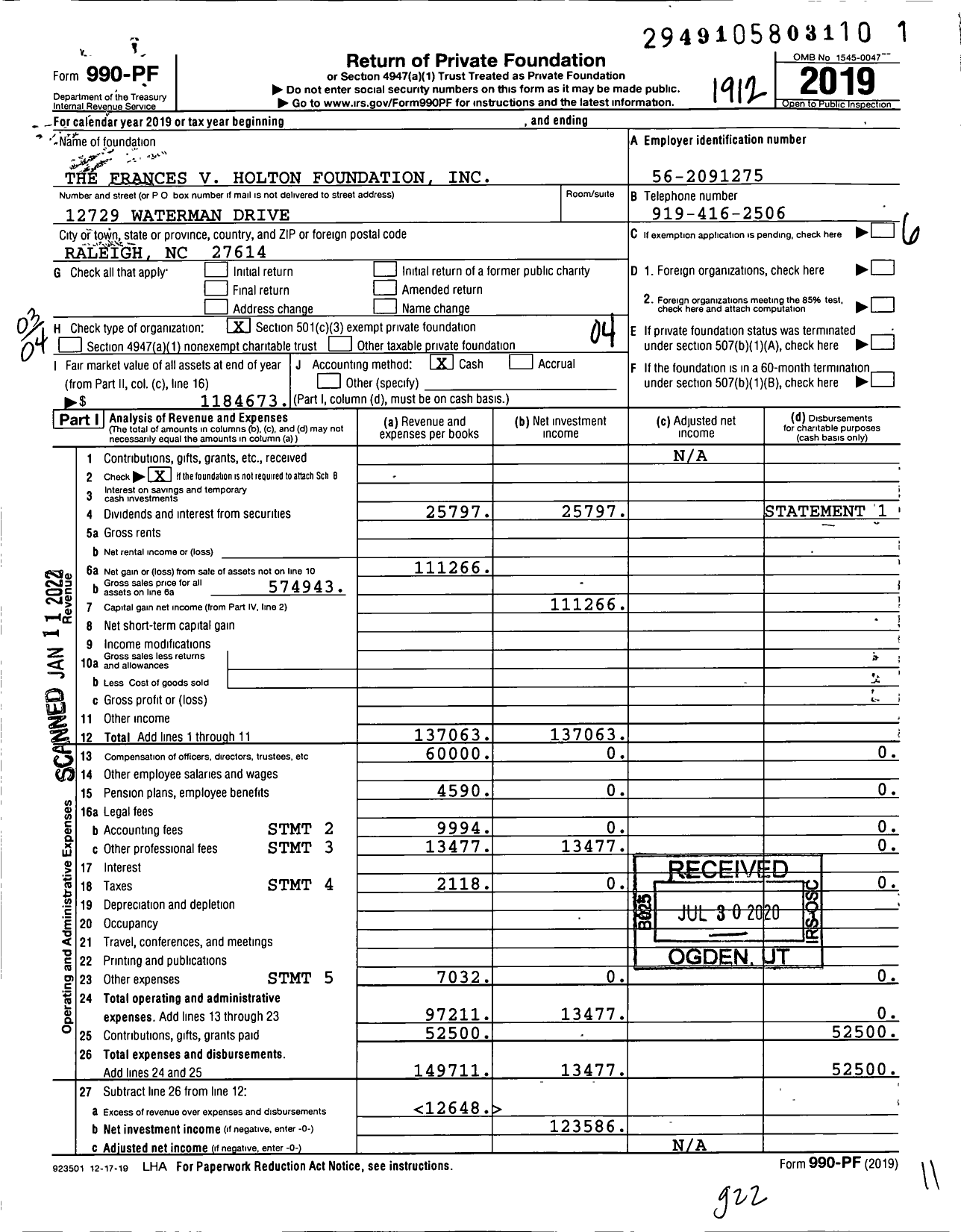 Image of first page of 2019 Form 990PF for The Frances V Holton Foundation