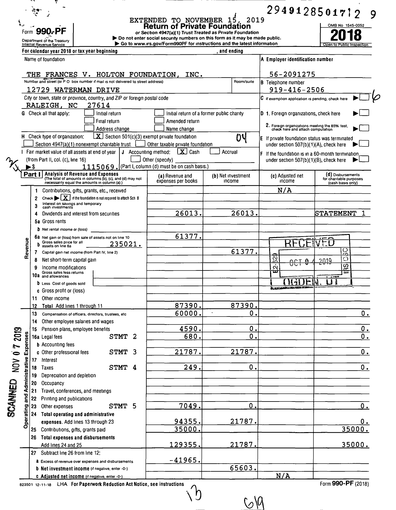 Image of first page of 2018 Form 990PF for The Frances V Holton Foundation