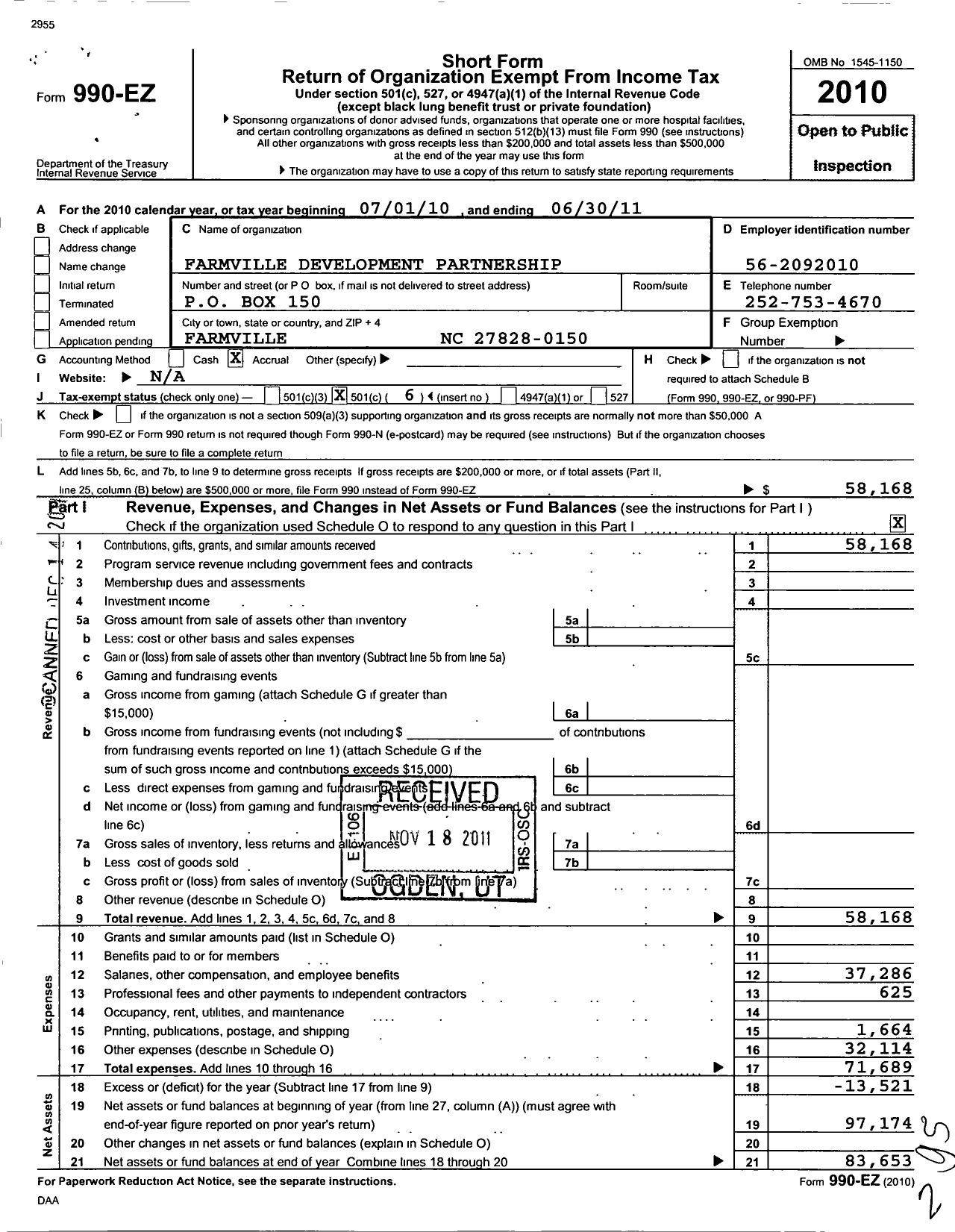 Image of first page of 2010 Form 990EO for Farmville Development Parnership