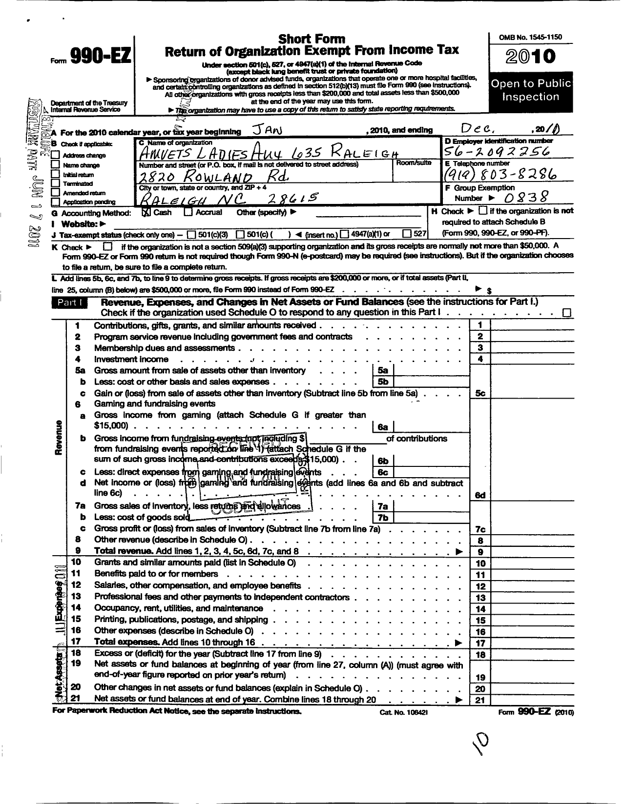 Image of first page of 2010 Form 990EO for Amvets - 635