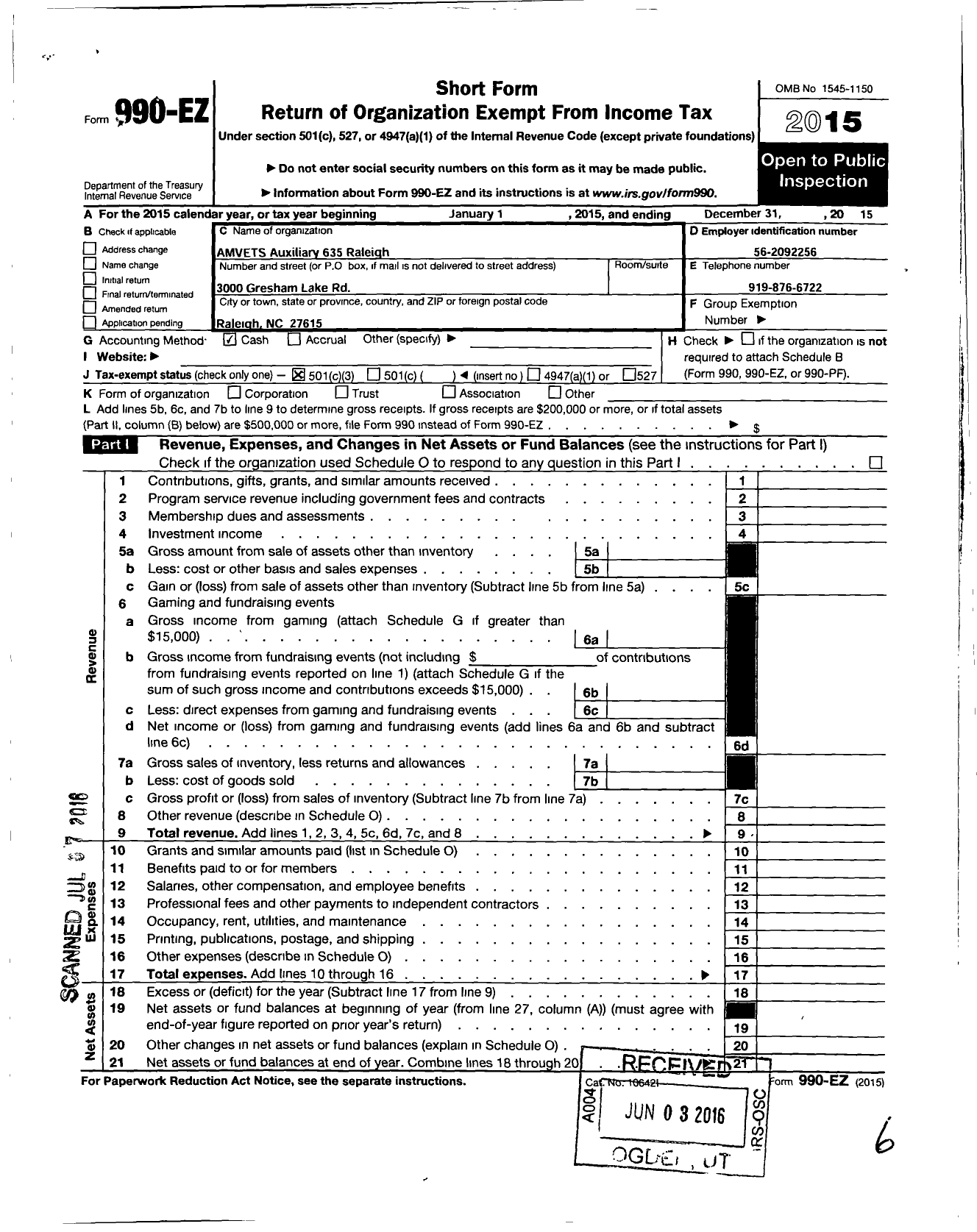 Image of first page of 2015 Form 990EZ for Amvets - 635