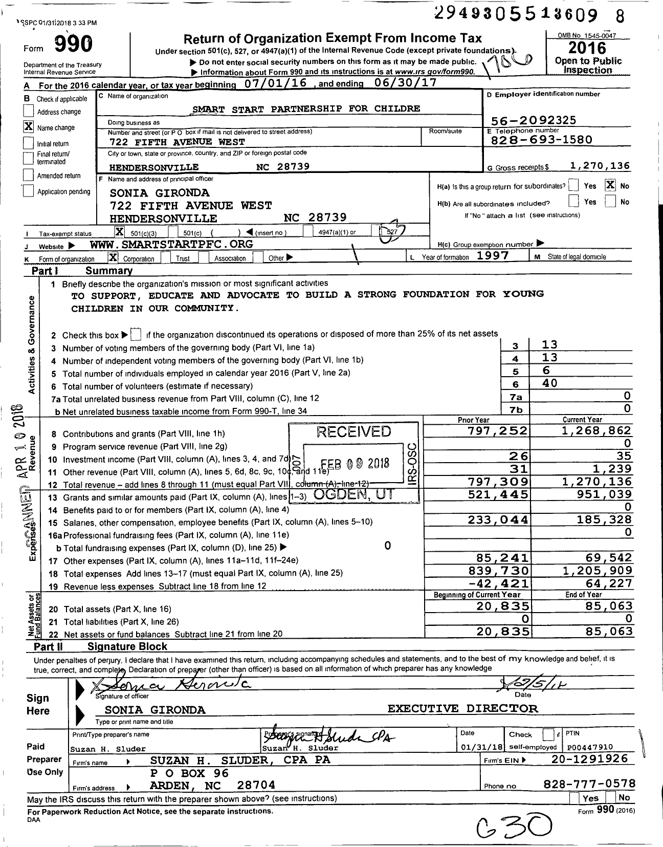 Image of first page of 2016 Form 990 for Smart Start Partnership for Childre