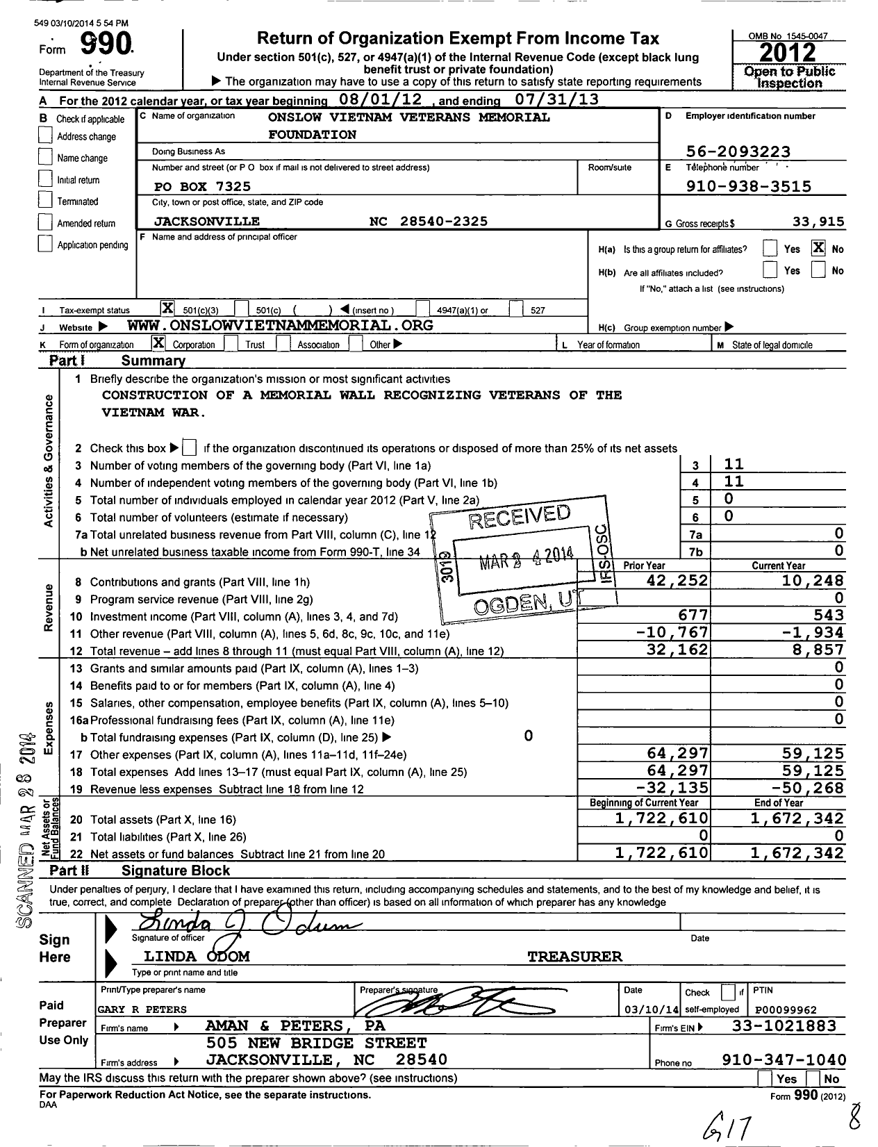 Image of first page of 2012 Form 990 for Onslow Vietnam Veterans Memorial Foundation