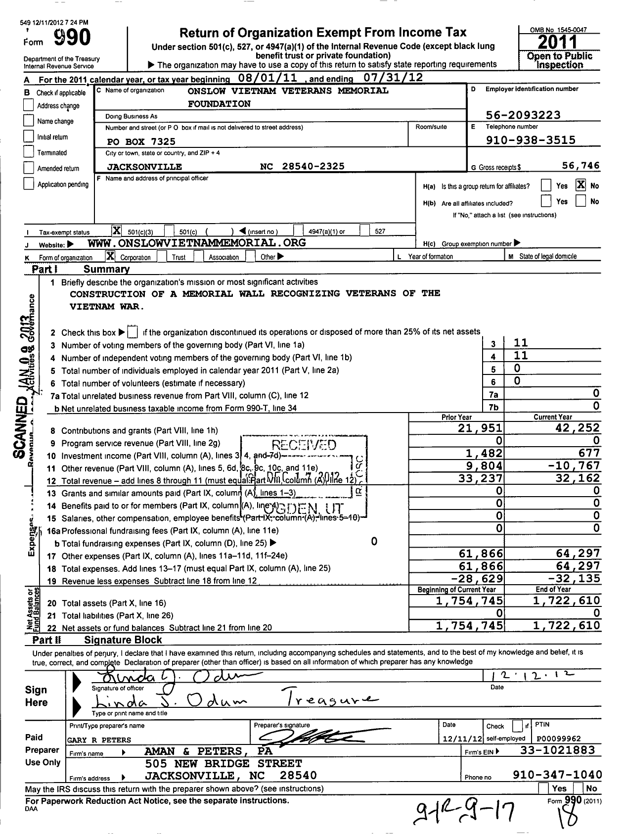 Image of first page of 2011 Form 990 for Onslow Vietnam Veterans Memorial Foundation