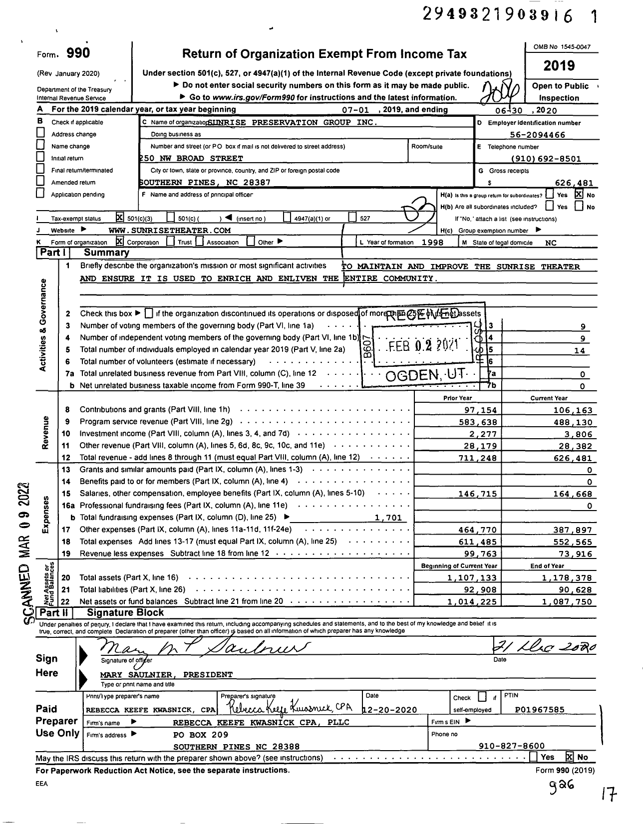 Image of first page of 2019 Form 990 for Sunrise Preservation Group