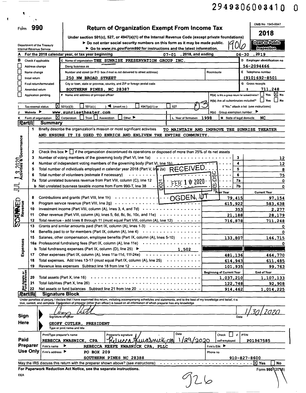 Image of first page of 2018 Form 990 for Sunrise Preservation Group