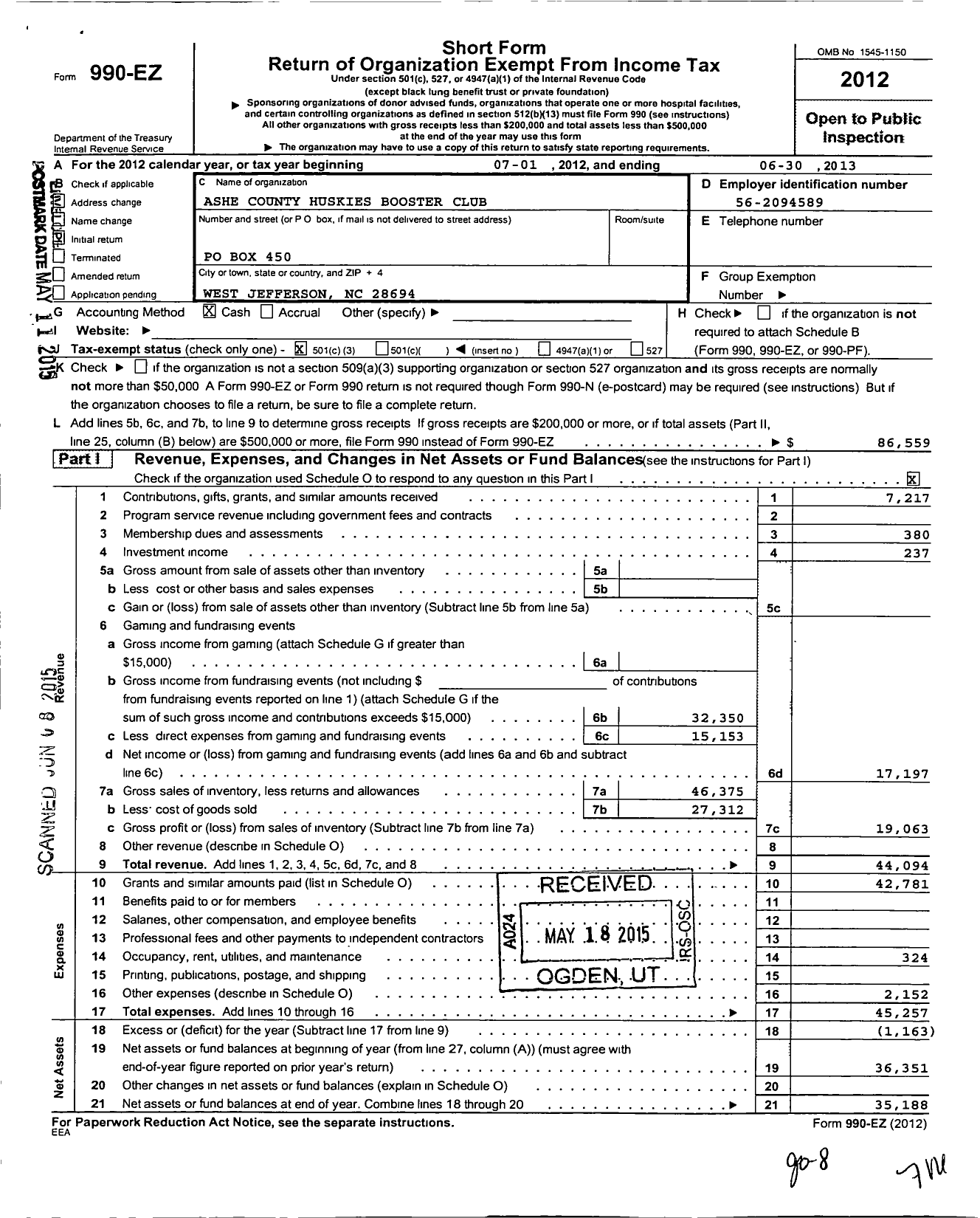 Image of first page of 2012 Form 990EZ for Ashe County Huskies Booster Club