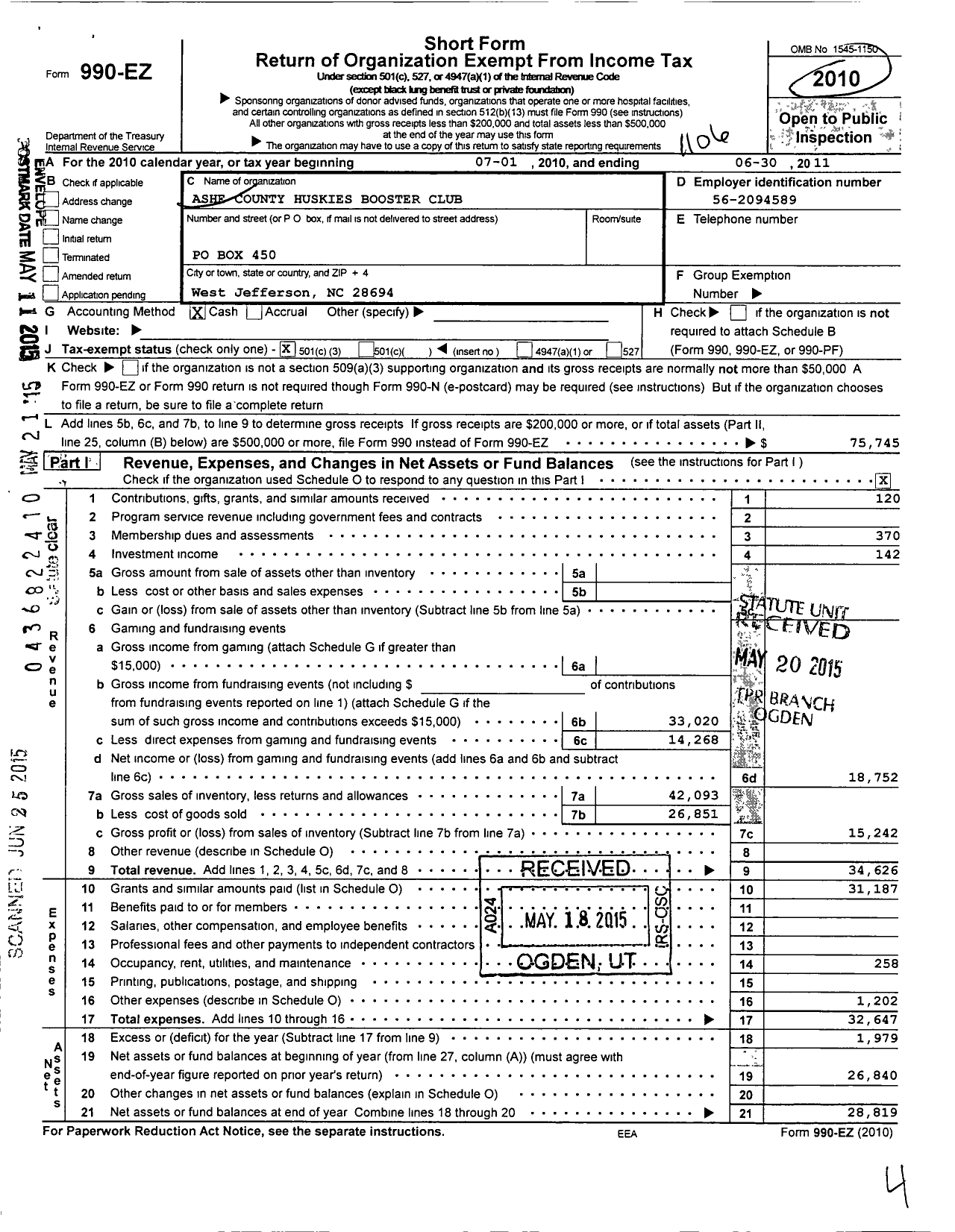 Image of first page of 2010 Form 990EZ for Ashe County Huskies Booster Club