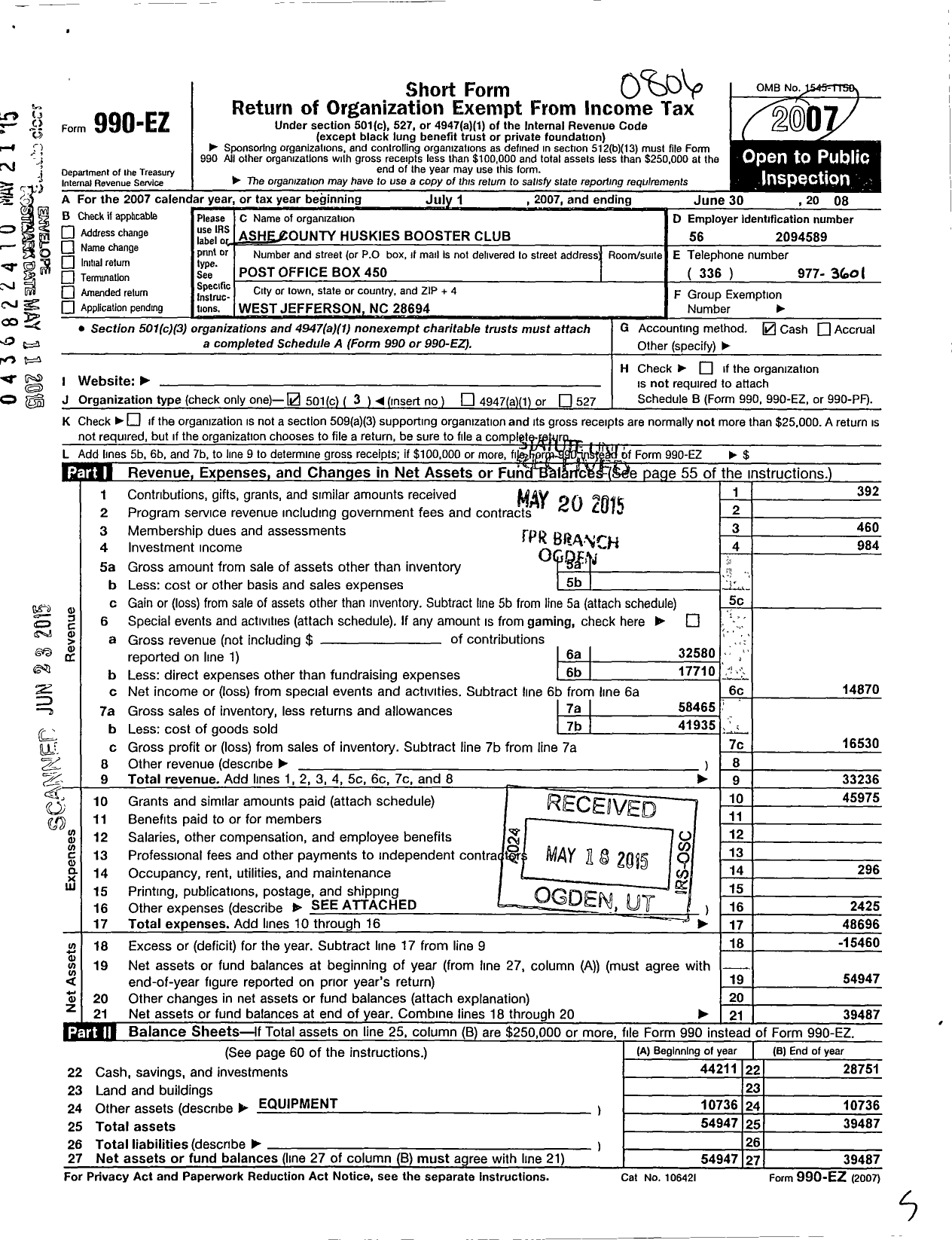 Image of first page of 2007 Form 990EZ for Ashe County Huskies Booster Club