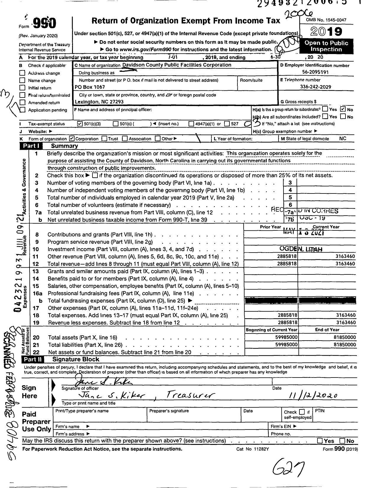 Image of first page of 2019 Form 990 for Davidson County Public Facilities Corporation