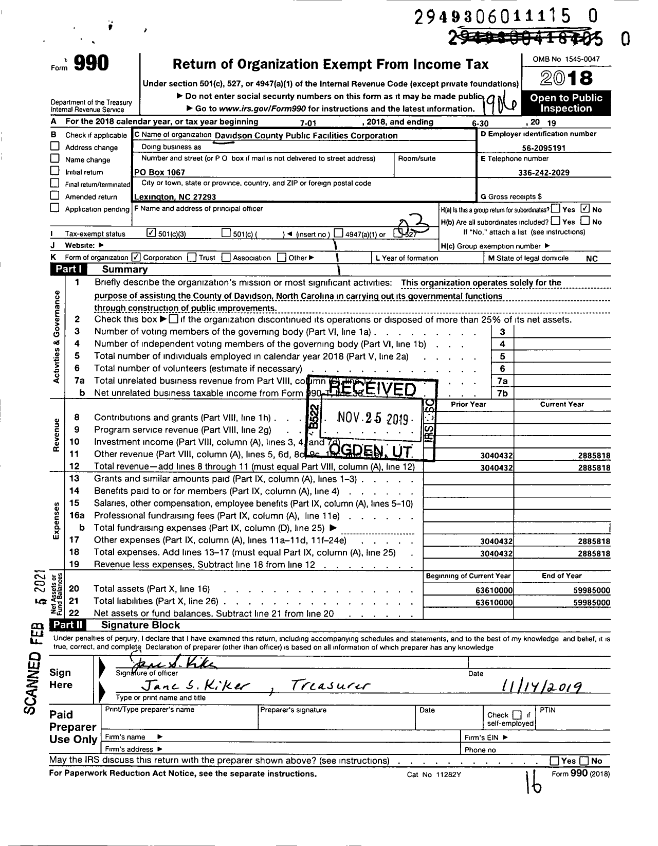 Image of first page of 2018 Form 990 for Davidson County Public Facilities Corporation