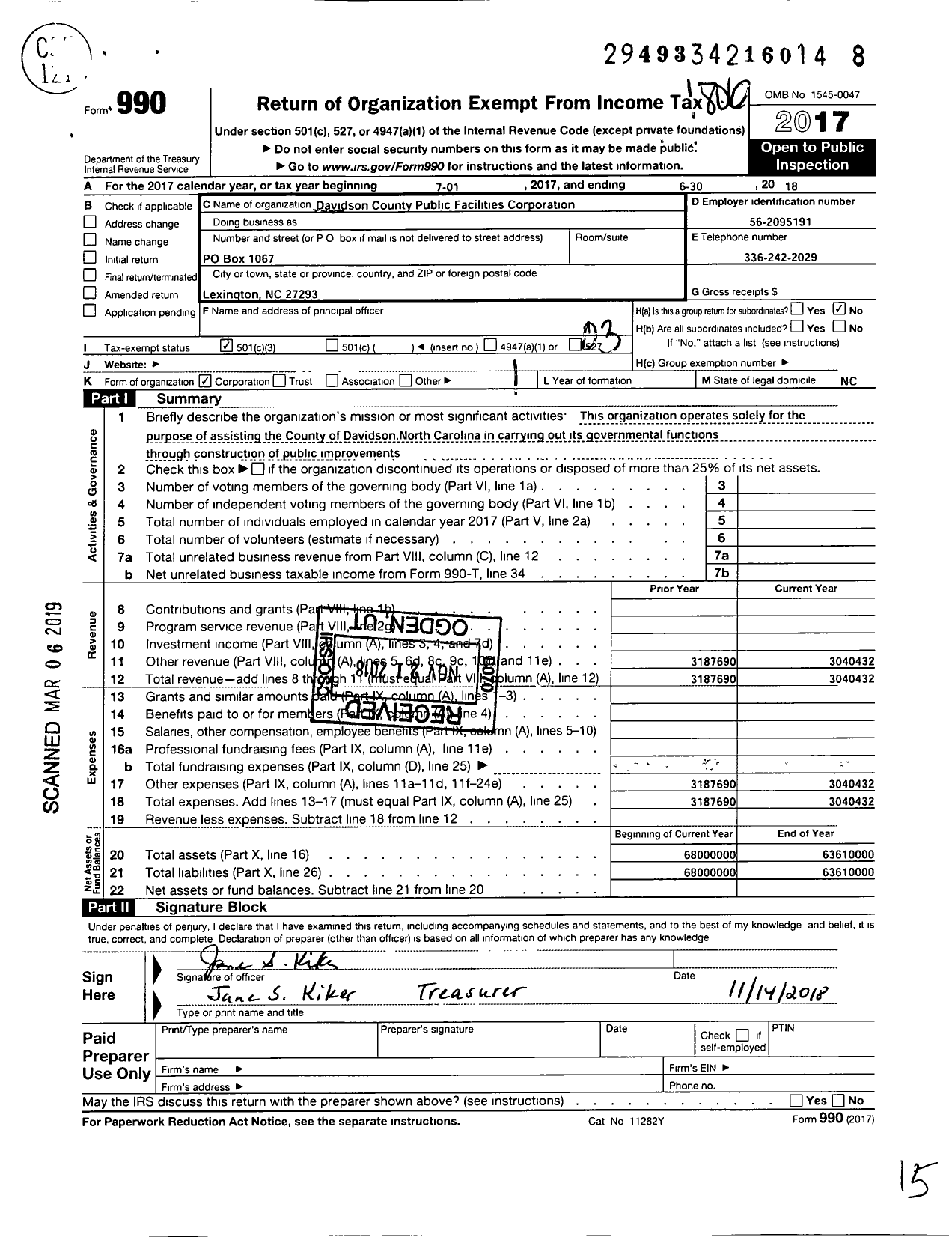 Image of first page of 2017 Form 990 for Davidson County Public Facilities Corporation