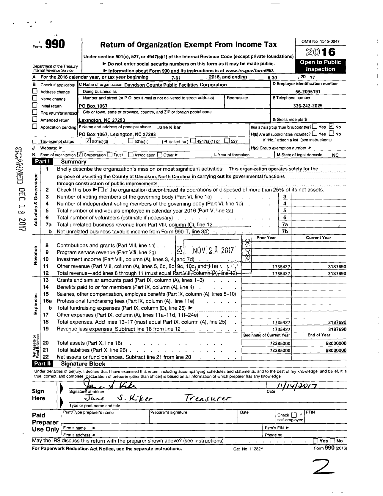 Image of first page of 2016 Form 990 for Davidson County Public Facilities Corporation