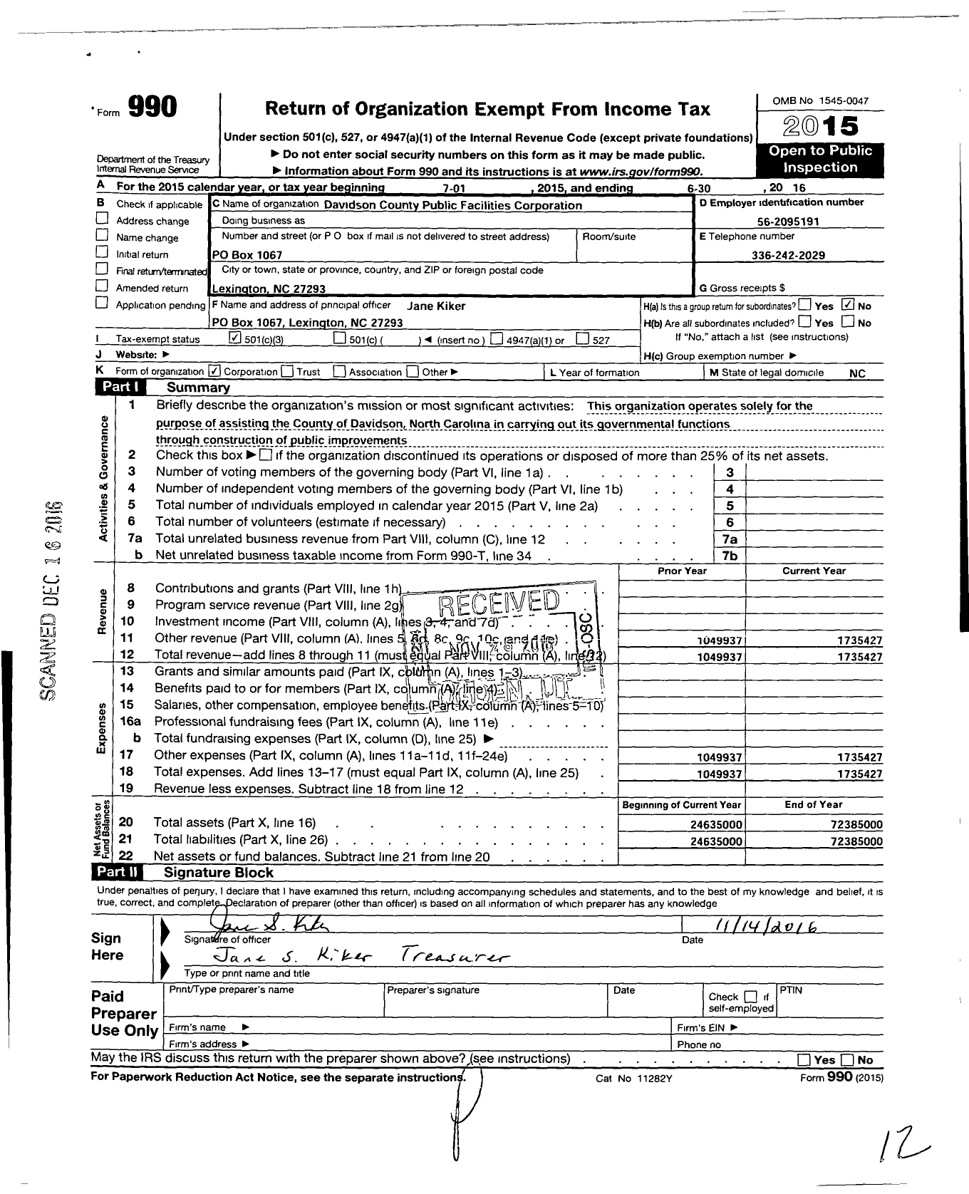 Image of first page of 2015 Form 990 for Davidson County Public Facilities Corporation