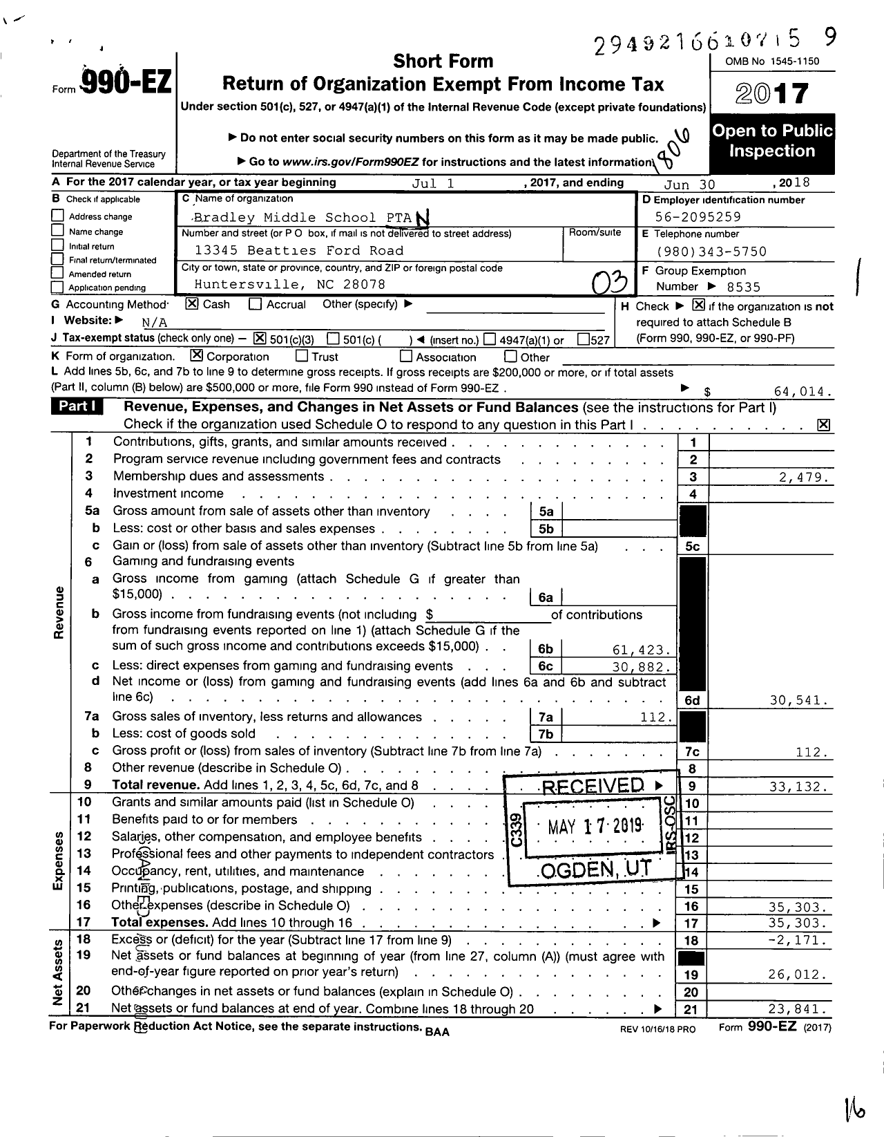 Image of first page of 2017 Form 990EZ for North Carolina PTA - Bradley Middle School