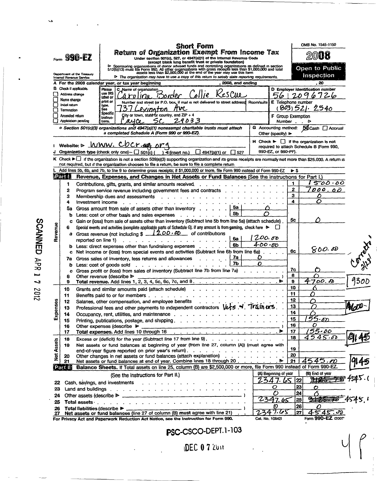 Image of first page of 2008 Form 990EO for Carolina Border Collie Rescue