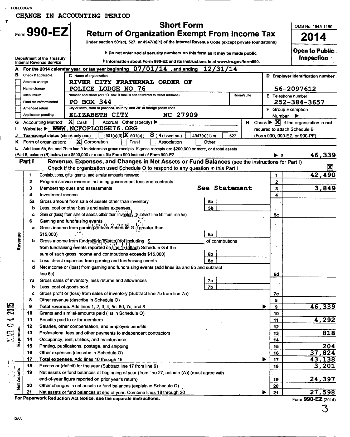 Image of first page of 2014 Form 990EO for Fraternal Order of Police - 76 River City Fop