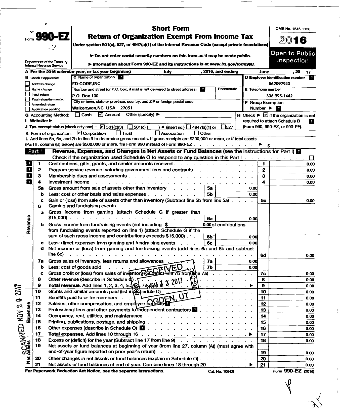 Image of first page of 2016 Form 990EZ for Ed-Core