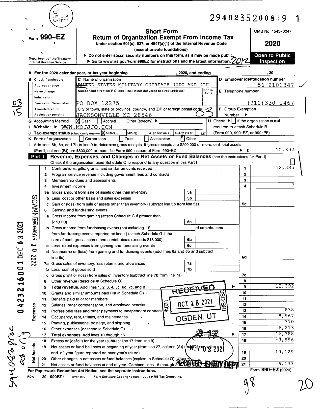 Image of first page of 2020 Form 990EZ for United States Military Outreach Judo and Jiu Jitsu Organization Mojjjo