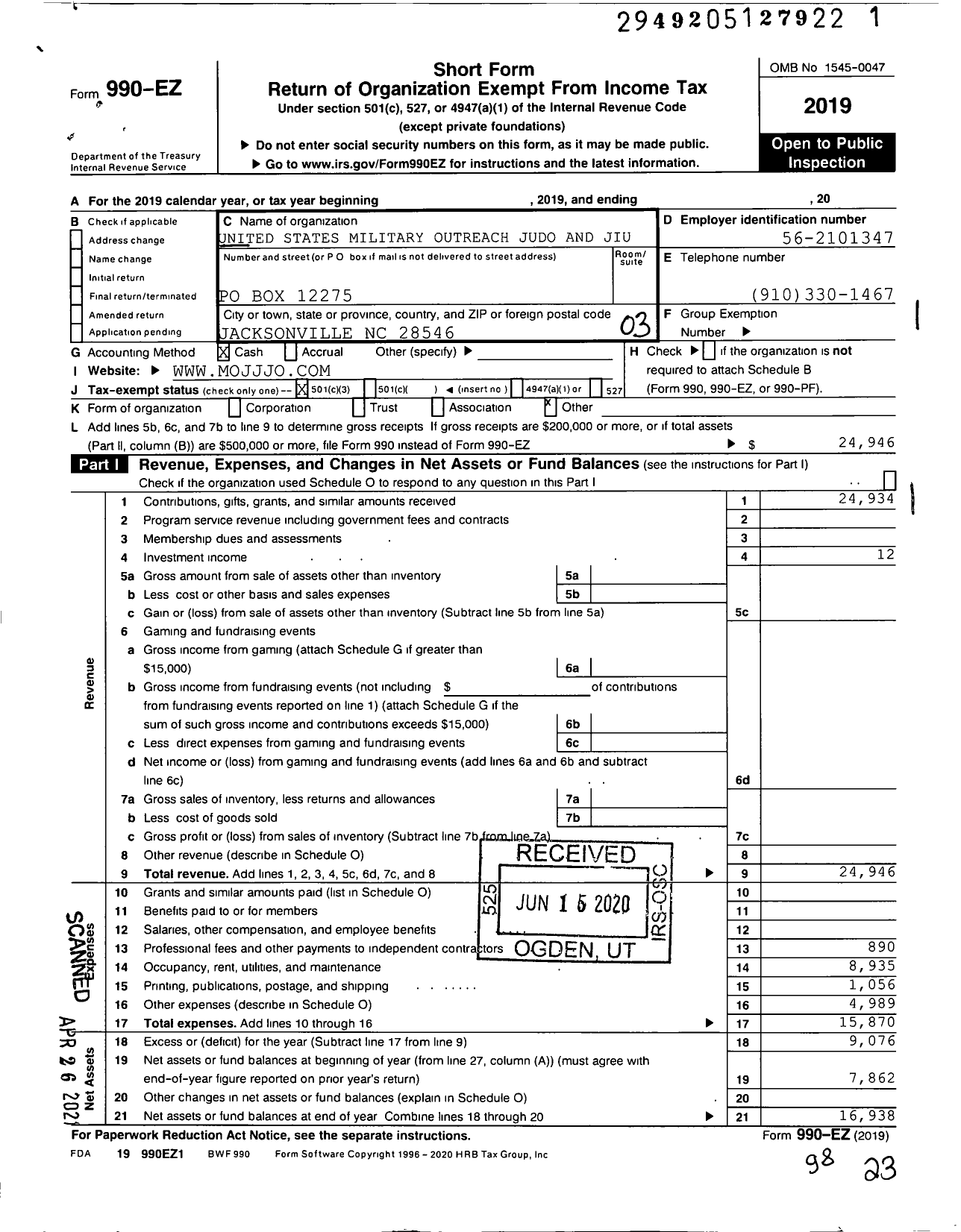 Image of first page of 2019 Form 990EZ for United States Military Outreach Judo and Jiu Jitsu Organization Mojjjo