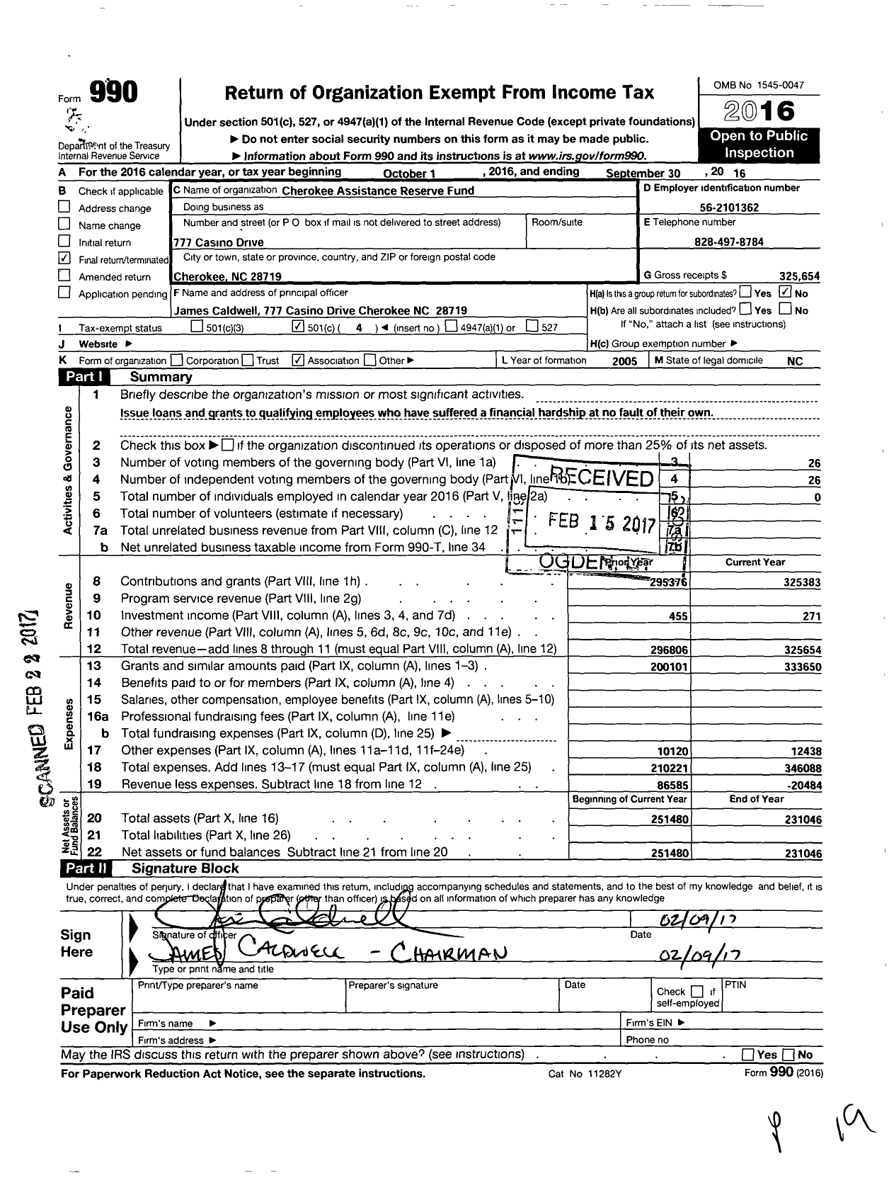 Image of first page of 2015 Form 990O for Cherokee Assistance Reserve Fund