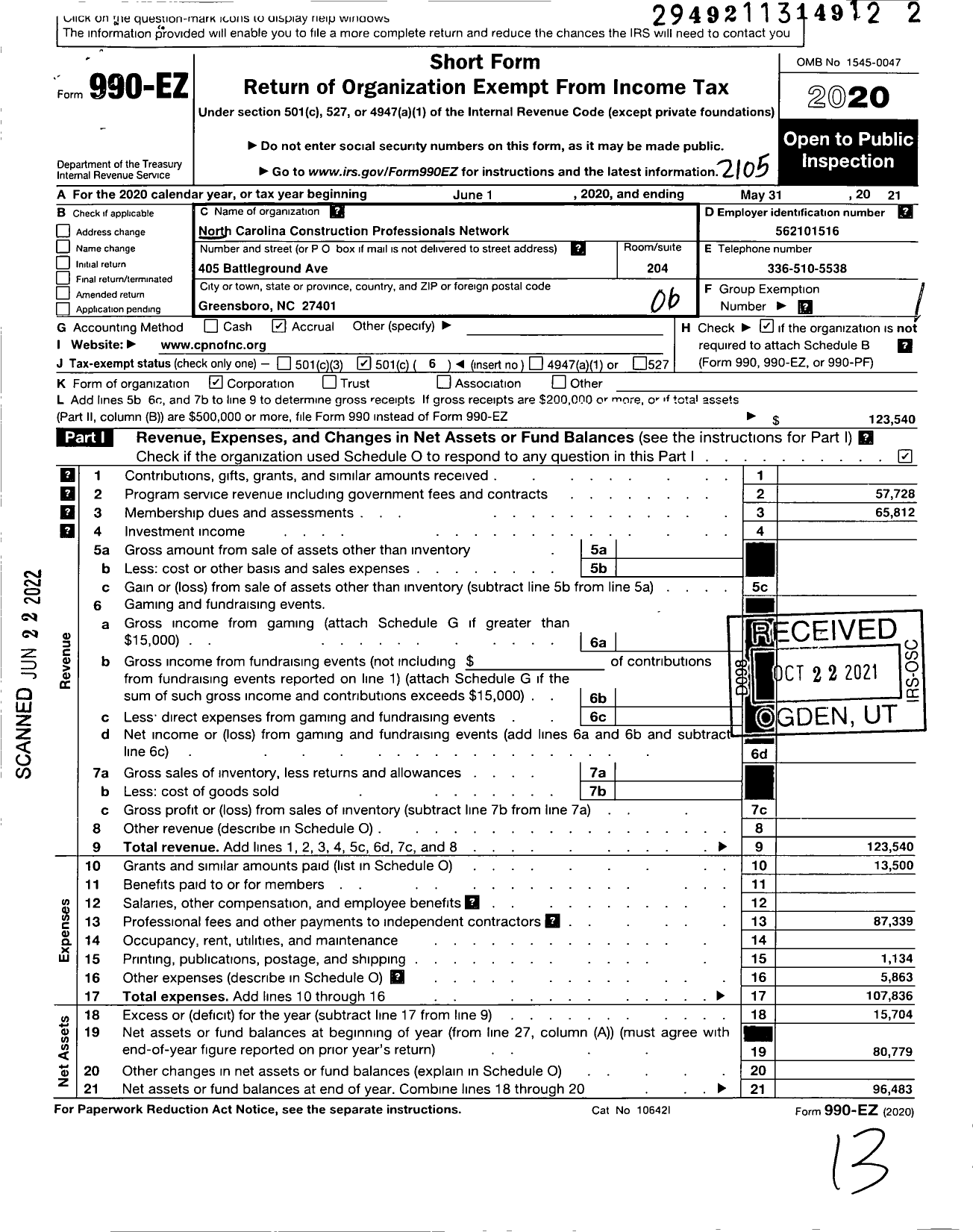 Image of first page of 2020 Form 990EO for North Carolina Construction Professionals Network