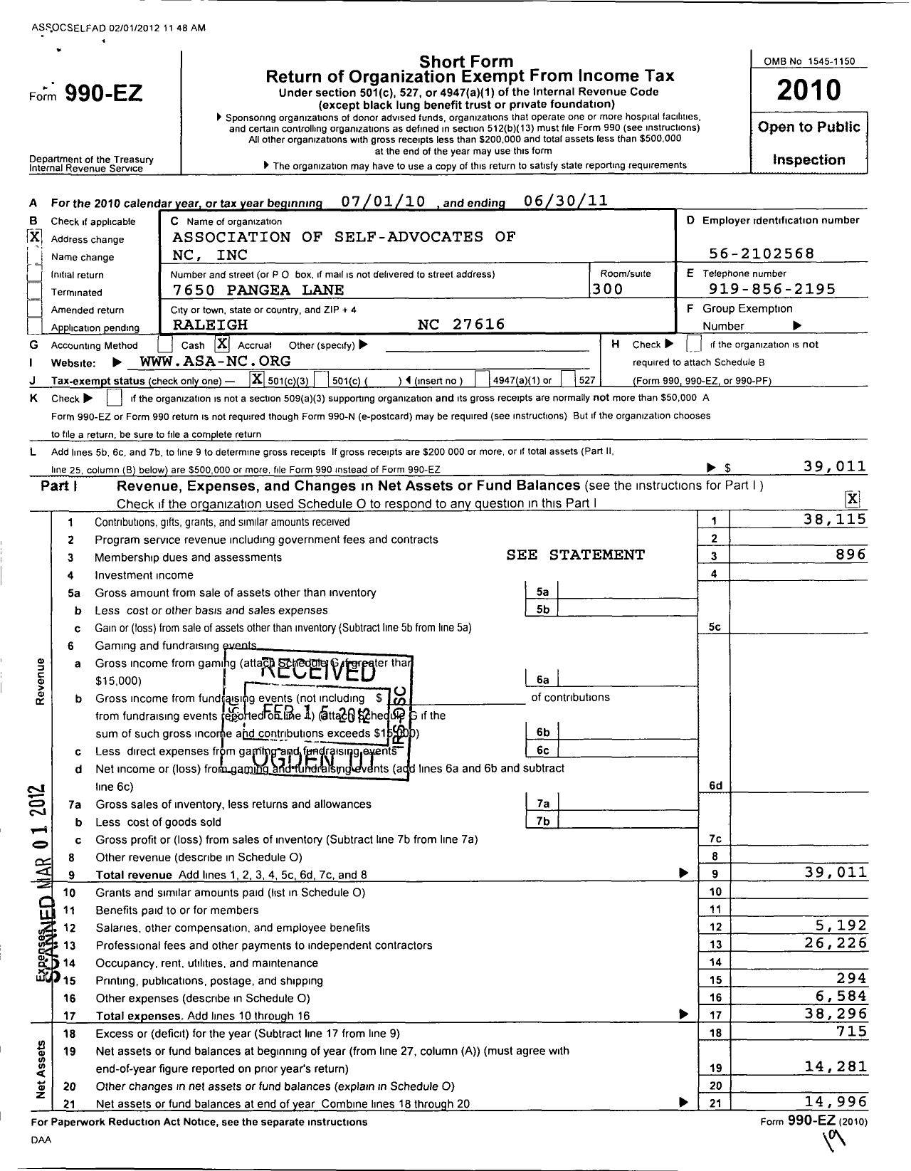 Image of first page of 2010 Form 990EZ for North Carolina Empowerment Network