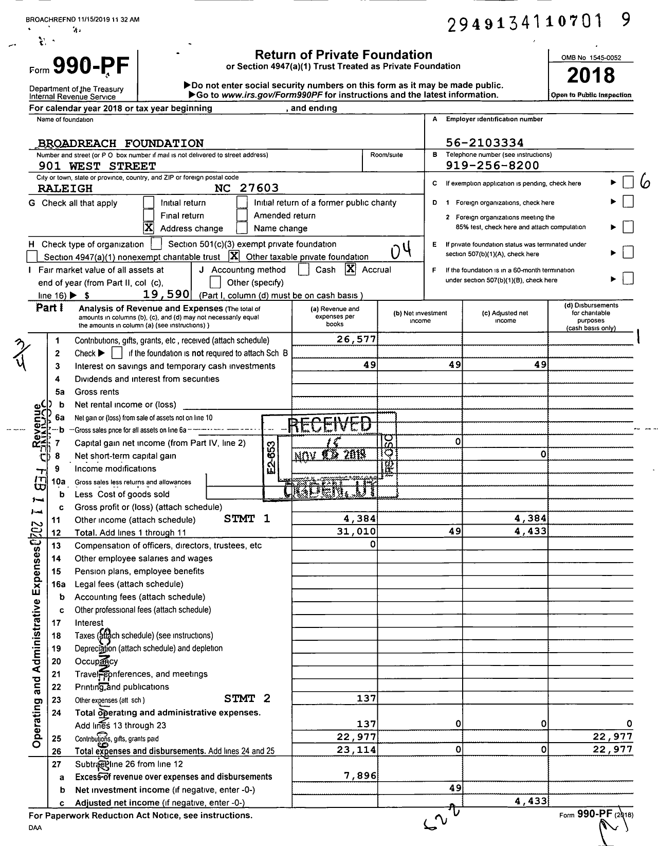 Image of first page of 2018 Form 990PF for Broadreach Foundation