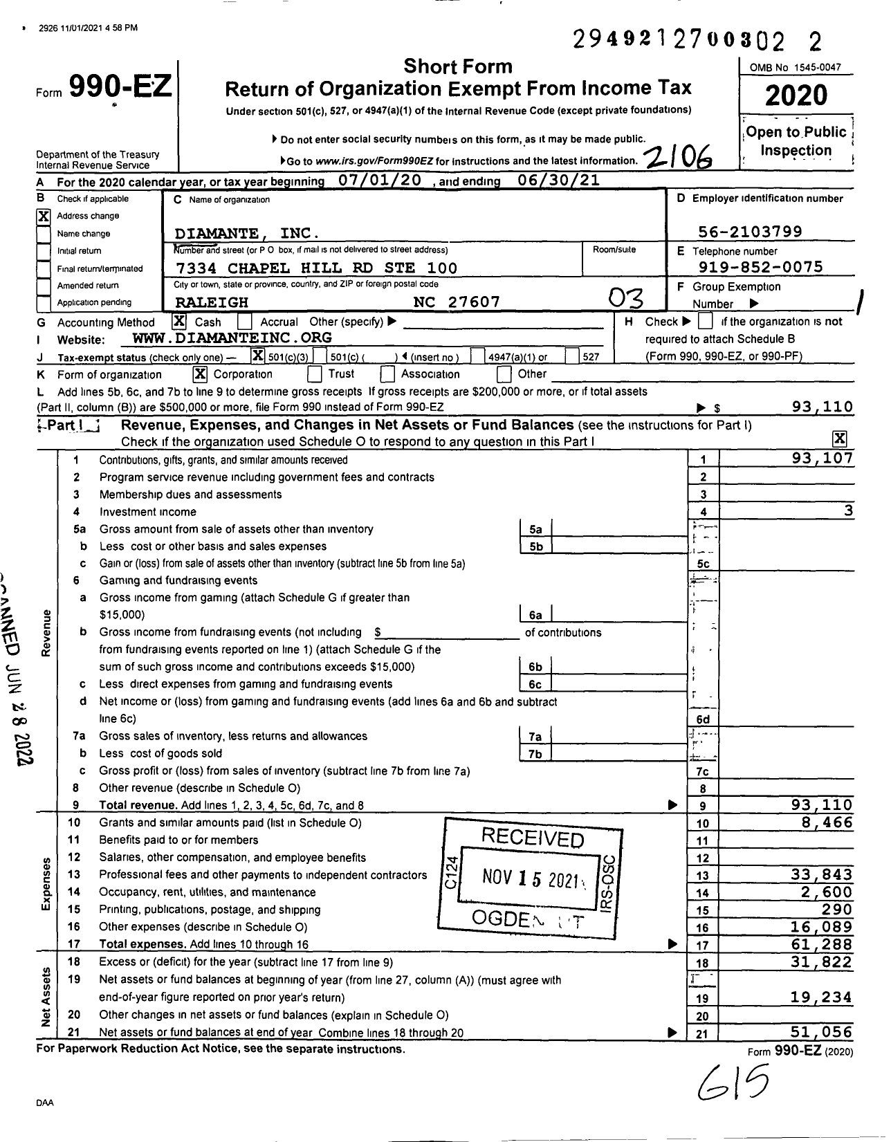 Image of first page of 2020 Form 990EZ for Diamante