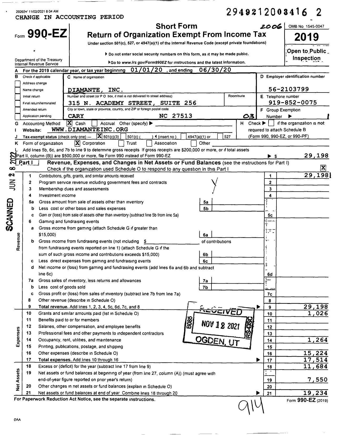 Image of first page of 2019 Form 990EZ for Diamante