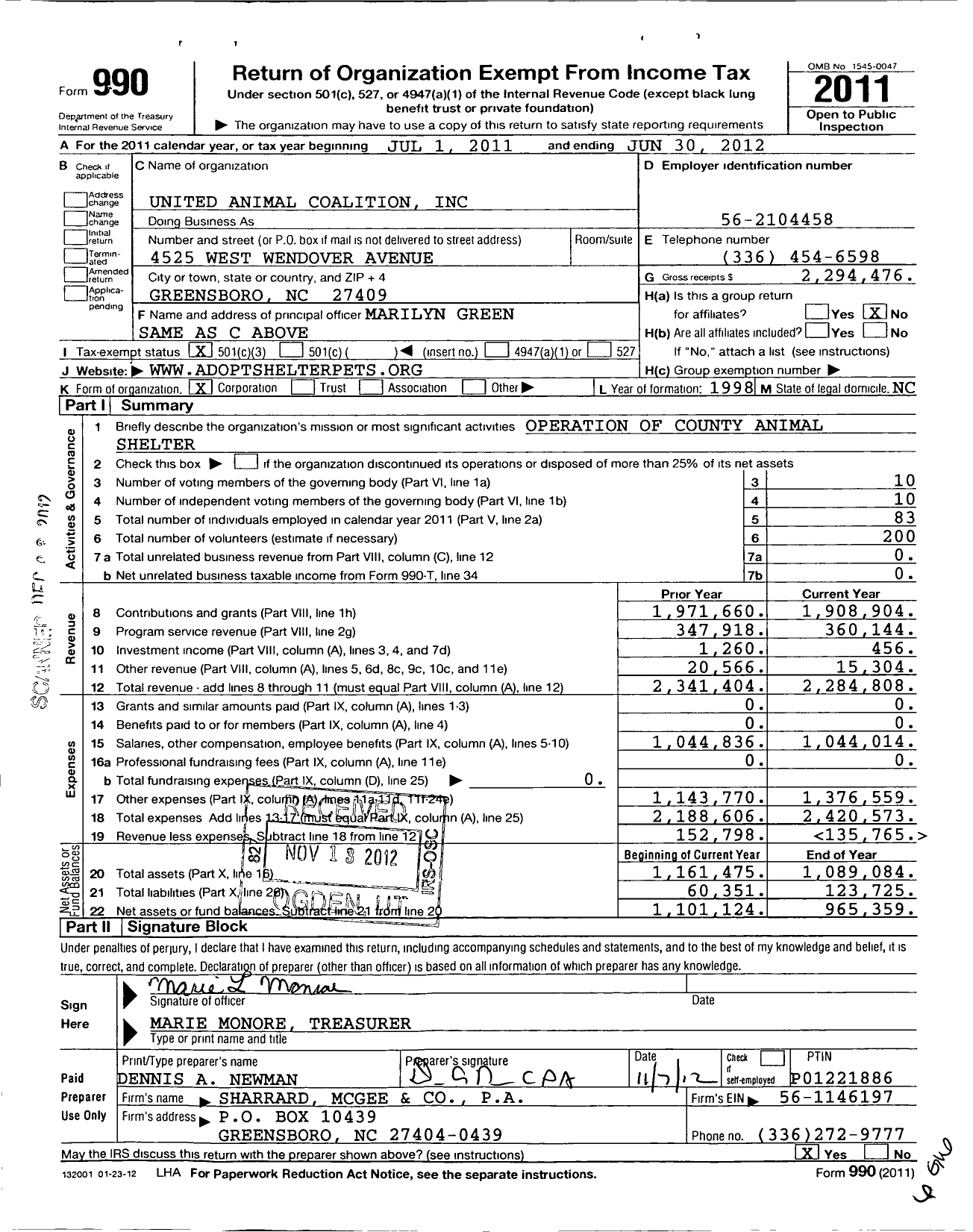 Image of first page of 2011 Form 990 for Guilford County Animal Shelter (GCAS)