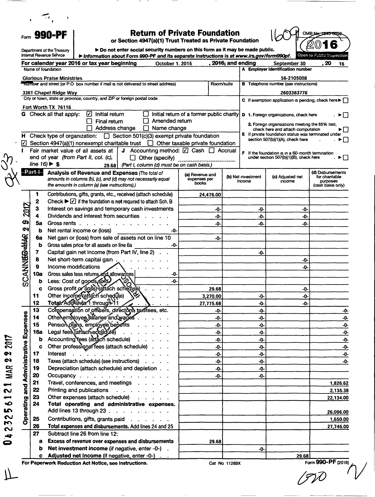 Image of first page of 2015 Form 990PF for Glorious Praise Ministries