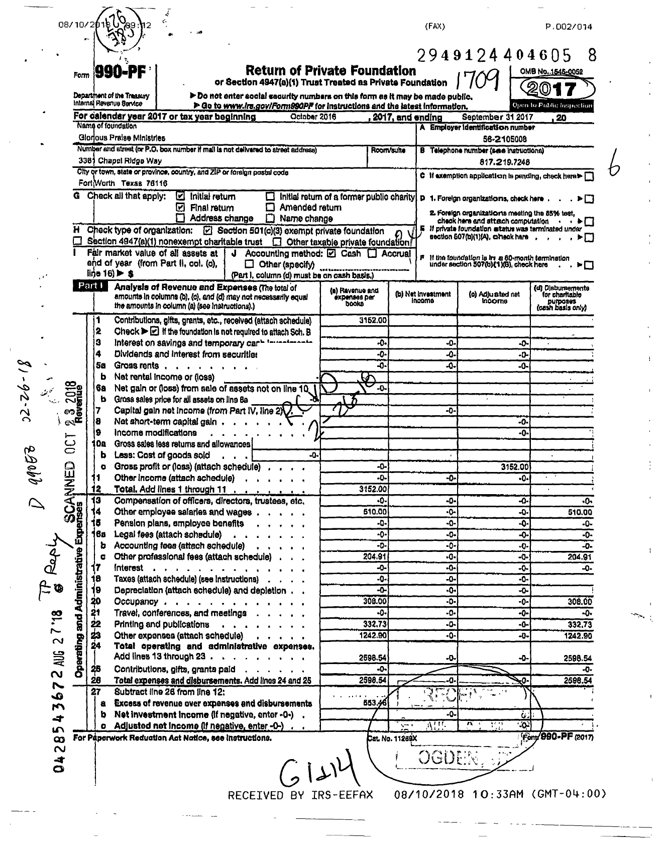 Image of first page of 2016 Form 990PF for Glorious Praise Ministries