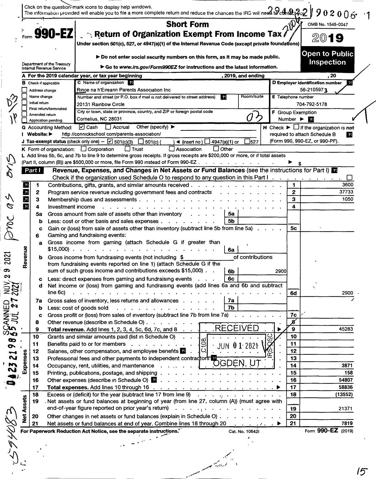 Image of first page of 2019 Form 990EZ for Rince Na Heireann Parents Association