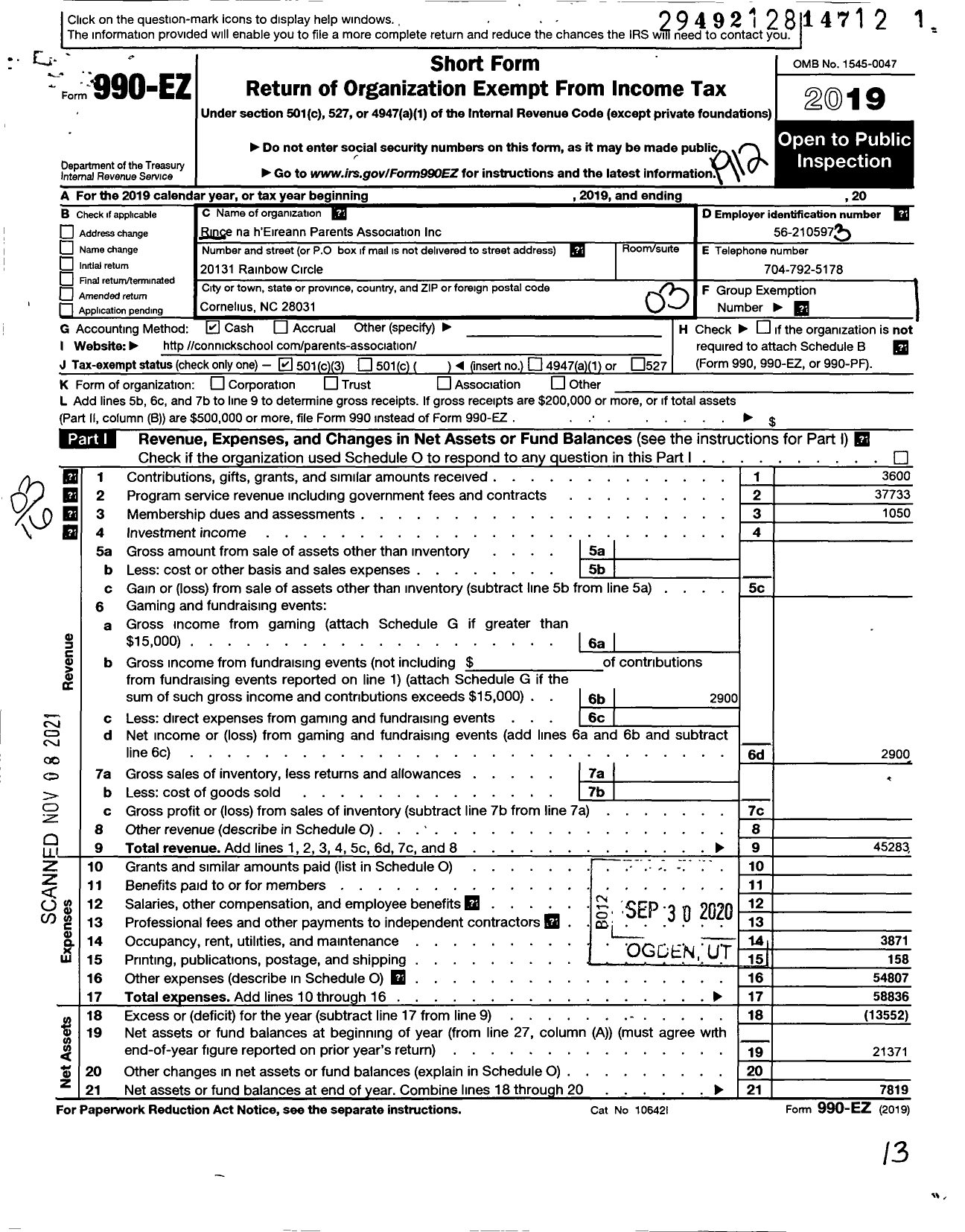 Image of first page of 2019 Form 990EZ for Rince Na Heireann Parents Association