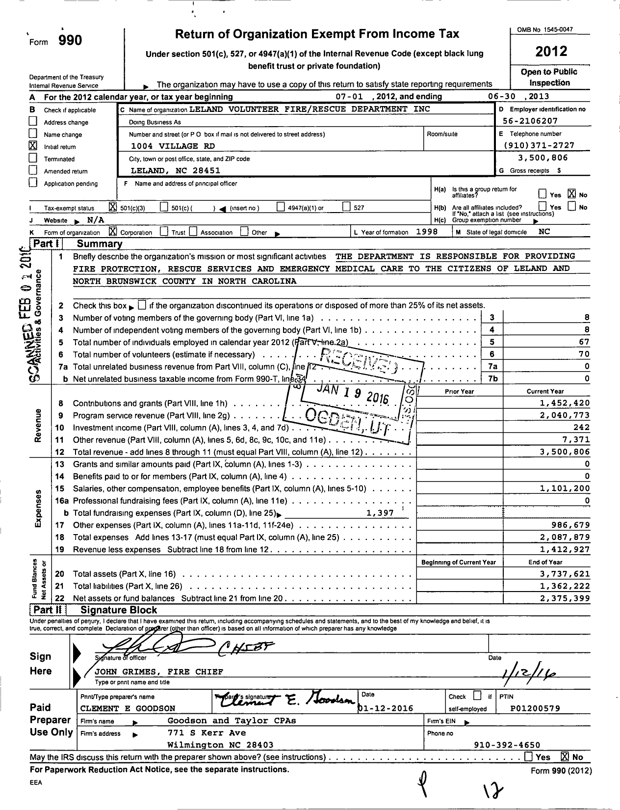 Image of first page of 2012 Form 990 for Leland Volunteer FireRescue Department