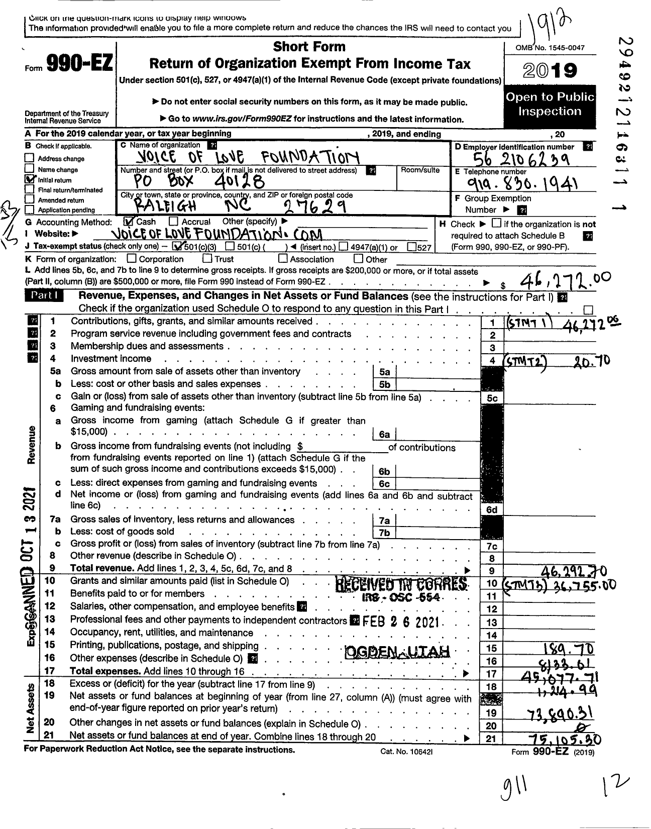 Image of first page of 2019 Form 990EZ for Voice of Love Foundation