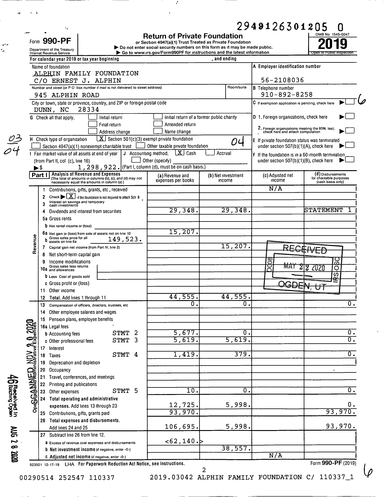 Image of first page of 2019 Form 990PF for Alphin Family Foundation