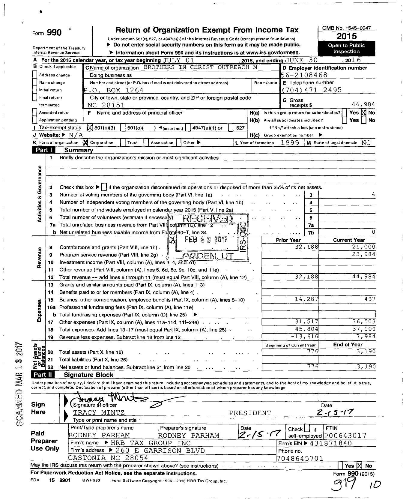 Image of first page of 2015 Form 990 for Brothers in Christ Outreach Ministries (BICOM)